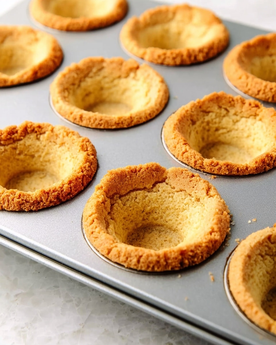 A close-up of a metal muffin tray filled with nine golden brown hollow cookie cups. Each cookie cup has a rough texture on the outer rim and a smooth, slightly deeper hollow center. The tray rests on a white marbled surface with soft natural light highlighting the crumbly edges of the cookie cups. Photo taken with an iphone --ar 4:5 --v 7