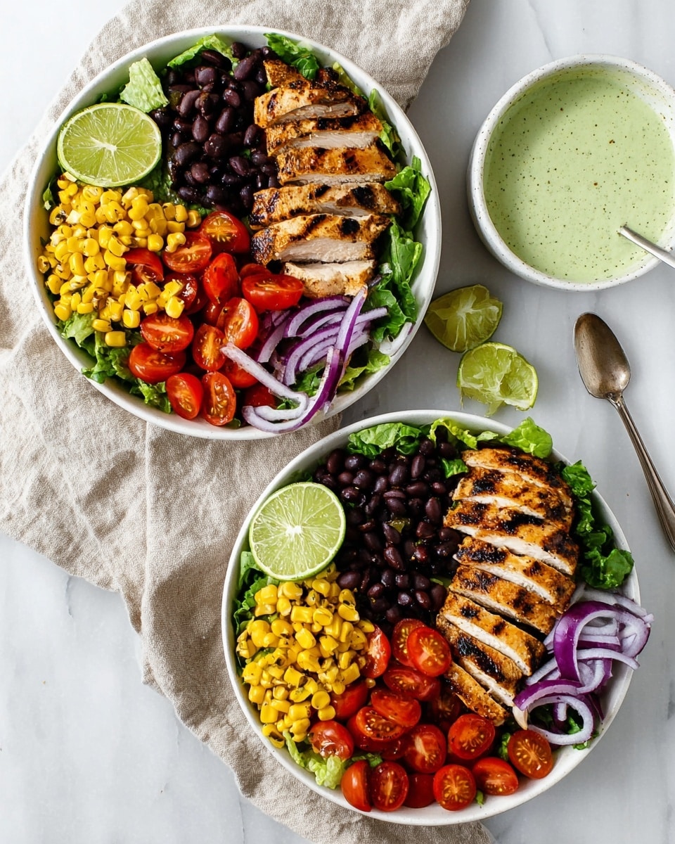 Two white bowls on a white marbled surface each hold a colorful salad with four main layers: a base of green leafy lettuce at the bottom, topped with bright red cherry tomatoes halved and spread on one side, next to a mix of shiny black beans and yellow corn in the center, and thin rings of purple onion placed near a wedge of fresh lime on the edge. On top of the lettuce and partly over the beans and onions lies a sliced grilled chicken breast, showing a golden-brown char with some dark grill marks. A small white bowl with light green creamy dressing and a spoon is placed near the bowls, and a beige linen cloth is visible beside the top bowl. photo taken with an iphone --ar 4:5 --v 7