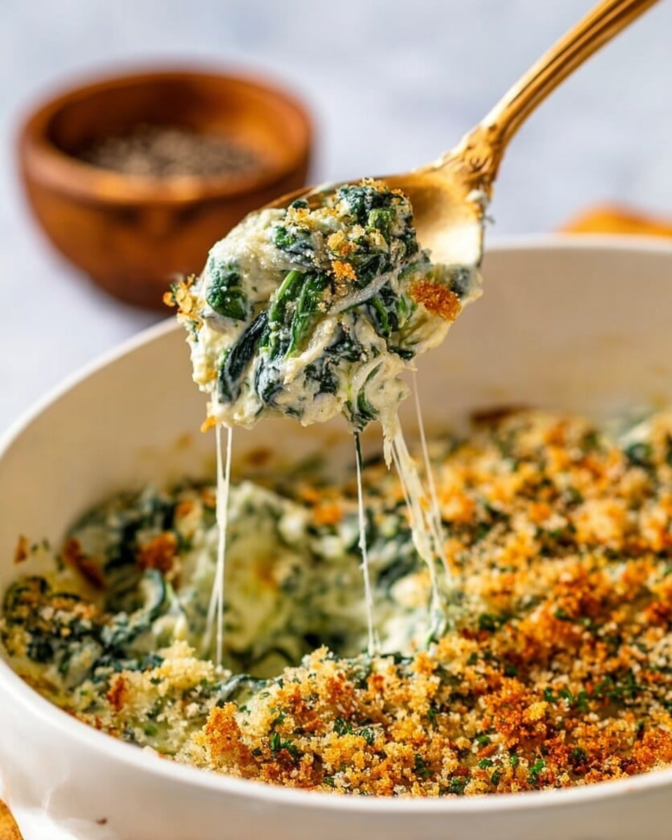 The image shows a white pan filled with a creamy green spinach mixture topped with a thick layer of golden-brown crunchy crumbs, mostly covering the spinach. A silver spoon is placed inside the pan on the right side, slightly buried in the crumbs. The pan sits on a white marbled surface with a beige cloth beneath its handle. Around the pan are small herb sprigs, a wooden bowl with pepper, and a green glass filled with ice cubes. The colors mainly include the bright green spinach, white creamy sauce, and warm brown crumbs on top. photo taken with an iphone --ar 4:5 --v 7