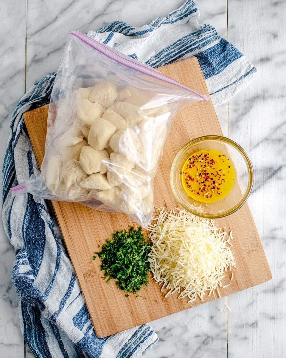 A clear plastic zip-lock bag filled with small, light beige pieces of mushroom sits on a light wooden board. Next to the bag, there is a small clear glass bowl with melted yellow butter sprinkled with red pepper flakes on top. Below that, a small pile of bright green chopped herbs and a larger pile of white shredded cheese lay side by side on the board. A blue and white striped cloth is draped over the bottom left corner of the board, all placed on a white marbled surface photo taken with an iphone --ar 4:5 --v 7