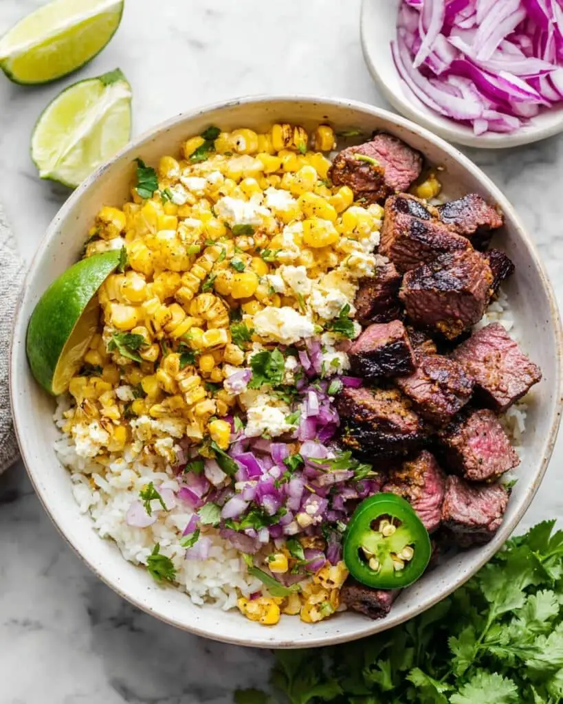Grilled Ribeye Steak Rice Bowls with Street Corn Salad Recipe