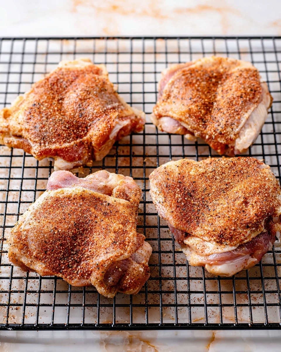 Four pieces of raw chicken thighs are placed on a black wire rack with square patterns. Each piece is seasoned with reddish-brown spices and specks of black pepper, covering the surfaces unevenly. The chicken has visible skin and some fat, showing light pink and white hues underneath the spices. The wire rack is set on a white marbled surface with soft brown veins. The photo has bright lighting that highlights the texture of the chicken and the wire rack photo taken with an iphone --ar 4:5 --v 7