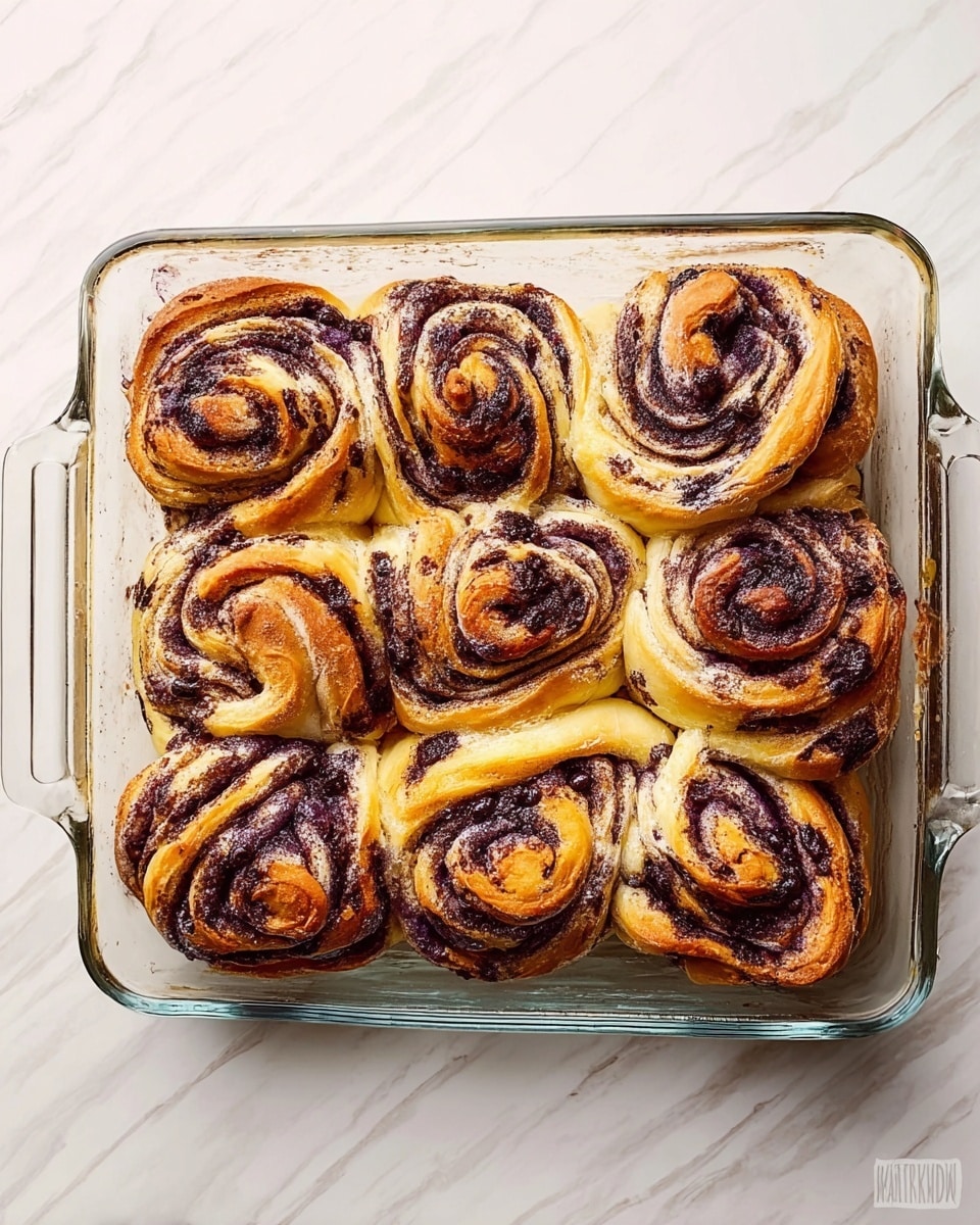 The image shows a clear rectangular glass baking dish filled with eight twisted rolls arranged in two rows. Each roll has layers of light golden-brown dough swirled with dark purple filling, creating a marbled effect. The dough looks soft with a shiny, slightly crispy surface, and dark specks of filling are spread unevenly through the folds. The dish is placed on a white marbled surface, and the overall look is warm and inviting. photo taken with an iphone --ar 4:5 --v 7
