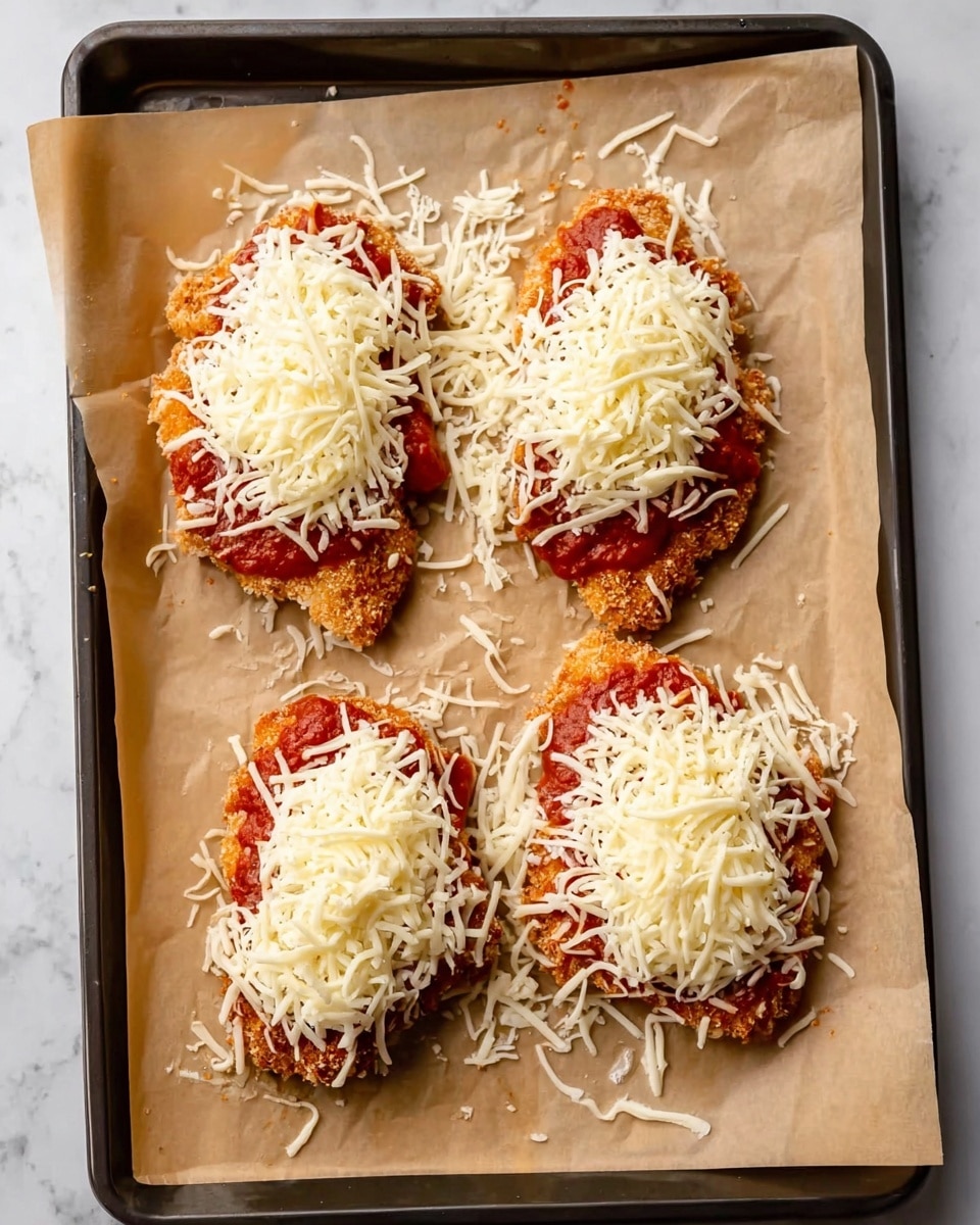 The image shows four pieces of breaded and fried chicken on a baking tray lined with parchment paper. Each piece is topped with a layer of red tomato sauce, followed by a thick pile of shredded white cheese that spills slightly onto the parchment paper. The chicken pieces are arranged in a loose square pattern with some scattered cheese around them. The baking tray sits on a white marbled surface. photo taken with an iphone --ar 4:5 --v 7
