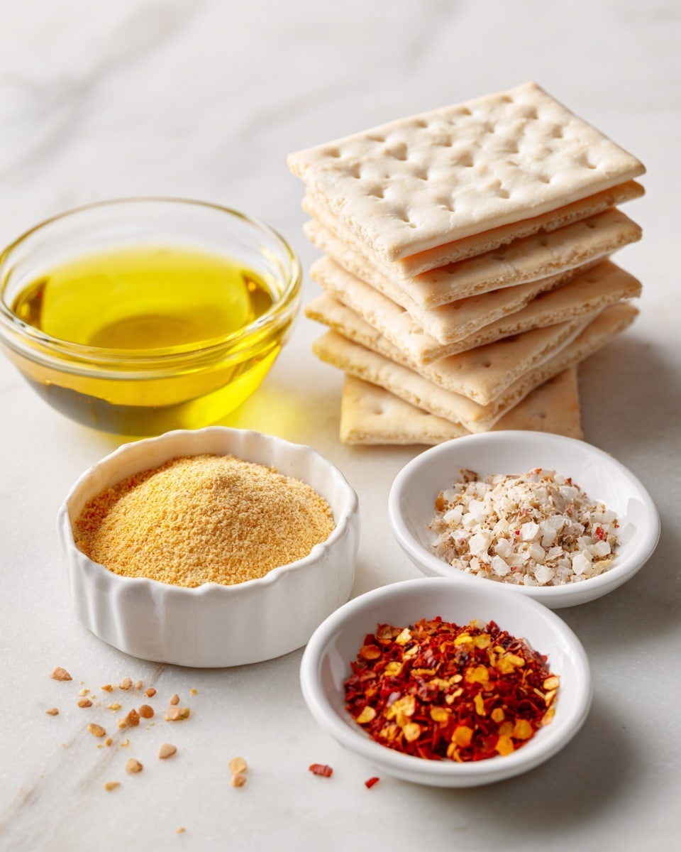The image shows two stacks of pale beige saltine crackers wrapped in clear paper placed at the back on a white marbled surface. In front, there are four small white dishes arranged in a semicircle: a clear glass bowl filled with bright yellow oil in the center, a dish with light yellow onion powder to the left, a dish with speckled light brown ranch seasoning to the right behind, and a dish with vibrant red and orange red pepper flakes in the front right. All items are set neatly with clear labels above each bowl or stack, creating a clean and organized arrangement. Photo taken with an iphone --ar 4:5 --v 7