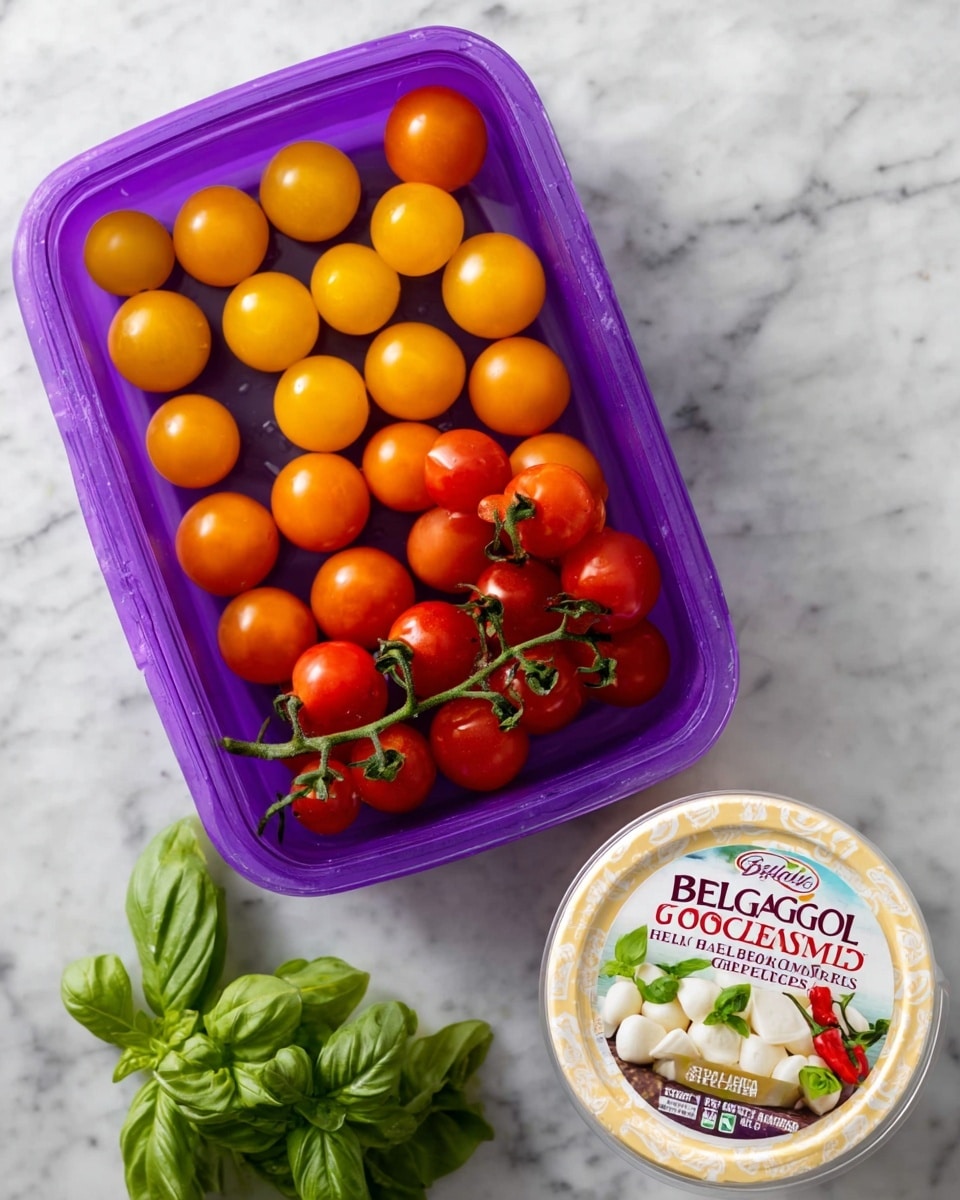 The image shows a purple plastic container filled with three rows of cherry tomatoes on the vine, with the left row being yellow, the middle row red, and the right row orange, placed on a white marbled surface. Below the container to the right, a round white tub of BelGioioso fresh mozzarella cheese marinated in oil with chili peppers and garlic is positioned, the label facing forward and clearly visible. To the left of the cheese tub, there is a small bunch of fresh green basil leaves casually placed on the white marbled surface. Photo taken with an iphone --ar 4:5 --v 7
