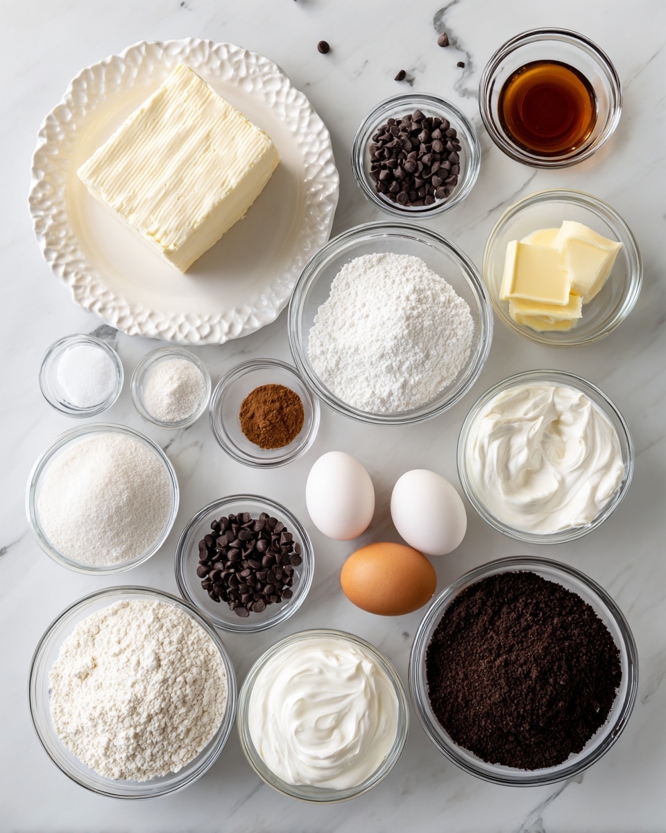 A top-down view of multiple small, clear glass bowls arranged neatly on a white marbled surface. Each bowl contains a different baking ingredient: a square block of cream cheese on a white plate with a lacy edge, fine white powdered sugar, brown vanilla extract in a small glass container, dark brown chocolate chips, white granulated sugar, light brown espresso powder in a tiny container, two white eggs in a small bowl, pale yellow butter in a bowl, fine white all-purpose flour, clear water in a small glass bowl, transparent heavy whipping cream in a small measuring cup, thick white sour cream in a bowl, and fine dark brown Oreo crumbs in a larger clear bowl. All ingredients are labeled with clear black text. photo taken with an iphone --ar 4:5 --v 7