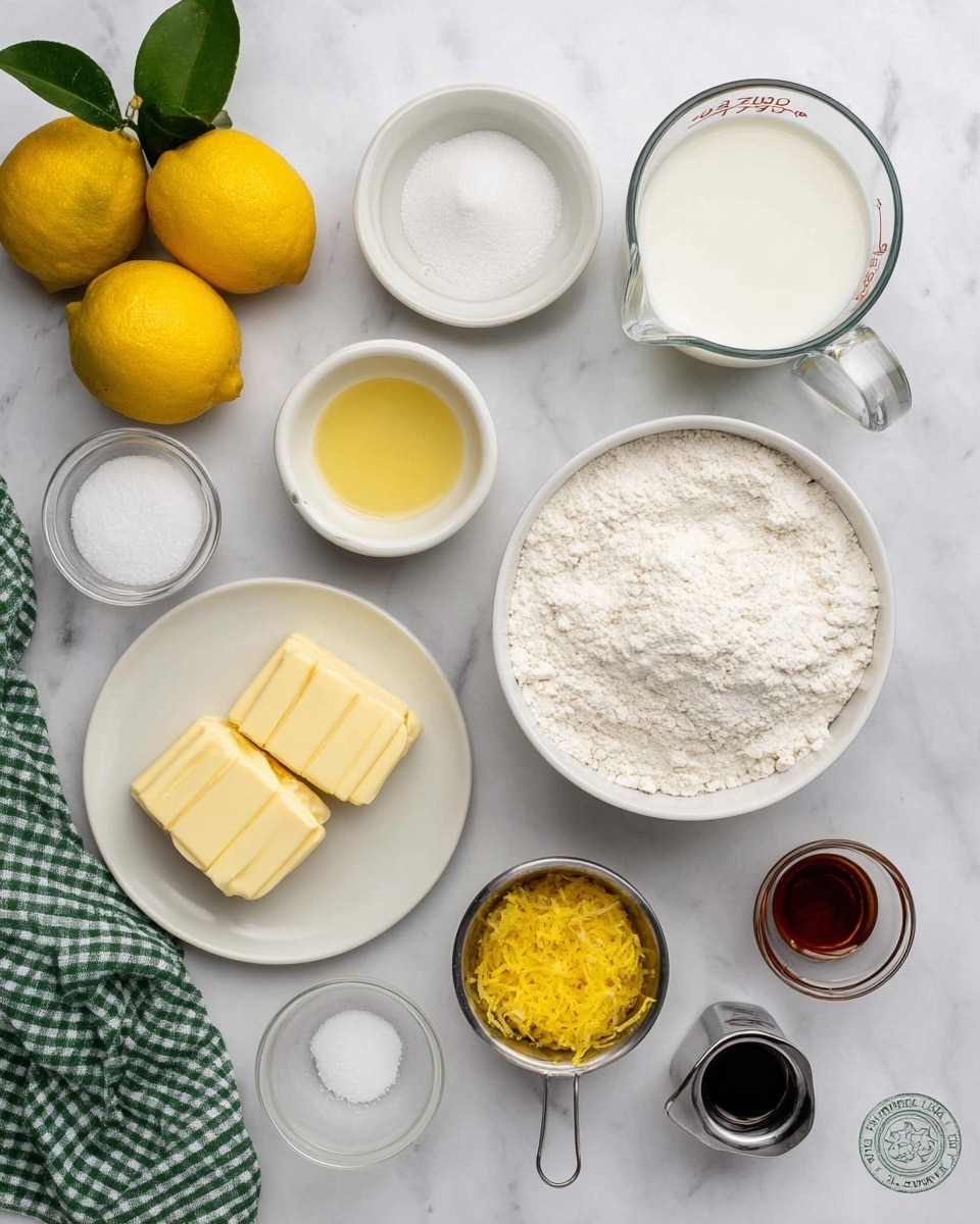 The image shows a top view of various baking ingredients neatly arranged on a white marbled surface. In the center right, there is a large white bowl filled with white flour. Below it, a medium white bowl holds granulated white sugar, and to the left of that, a smaller white bowl contains a yellow liquid, likely egg whites or clarified butter. Above the flour bowl, three small round white bowls hold salt, baking soda, and a white powder likely baking powder. To the left, a white plate holds three rectangular pieces of pale yellow butter. A clear glass measuring cup filled with milk is placed above the butter plate. Near the bottom center, a small metal cup contains bright yellow lemon zest, next to it is a small silver container with a dark brown liquid, probably vanilla extract, and a small black container with a tiny amount of liquid. In the top left corner, there are three whole bright yellow lemons with green leaves. A green and white checkered cloth is partially visible at the bottom left corner. The photo taken with an iphone --ar 4:5 --v 7