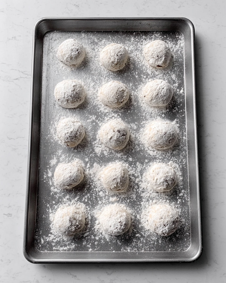 The image shows a metal baking tray on a white marbled surface. On the tray, there are twelve round dough balls that are lightly coated with flour, spread out evenly in four rows and three columns. Each dough ball is rough with flour dust all around them, standing out against the dark tray. The scene is simple and clear, focusing only on the raw dough balls before baking, with some extra flour scattered on the tray. Photo taken with an iphone --ar 4:5 --v 7