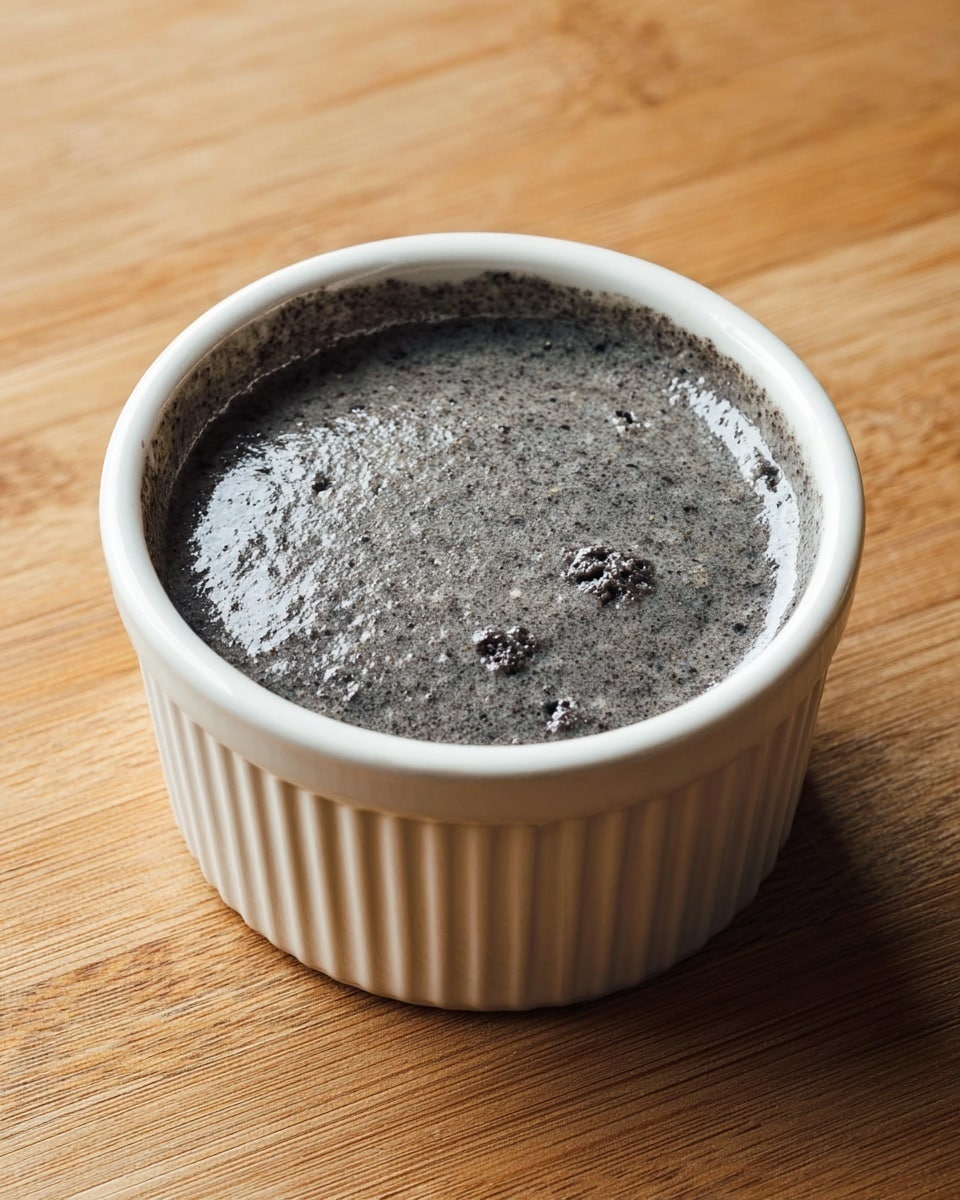 A creamy dark gray mixture fills a white ceramic ramekin, sitting on a wooden surface. The mixture has a smooth yet slightly grainy texture with small lumps visible on the surface, giving it a speckled look throughout. The ramekin has a simple ribbed design around the sides, and the top of the mixture is mostly flat with a subtle shine from the creamy content. Photo taken with an iphone --ar 4:5 --v 7