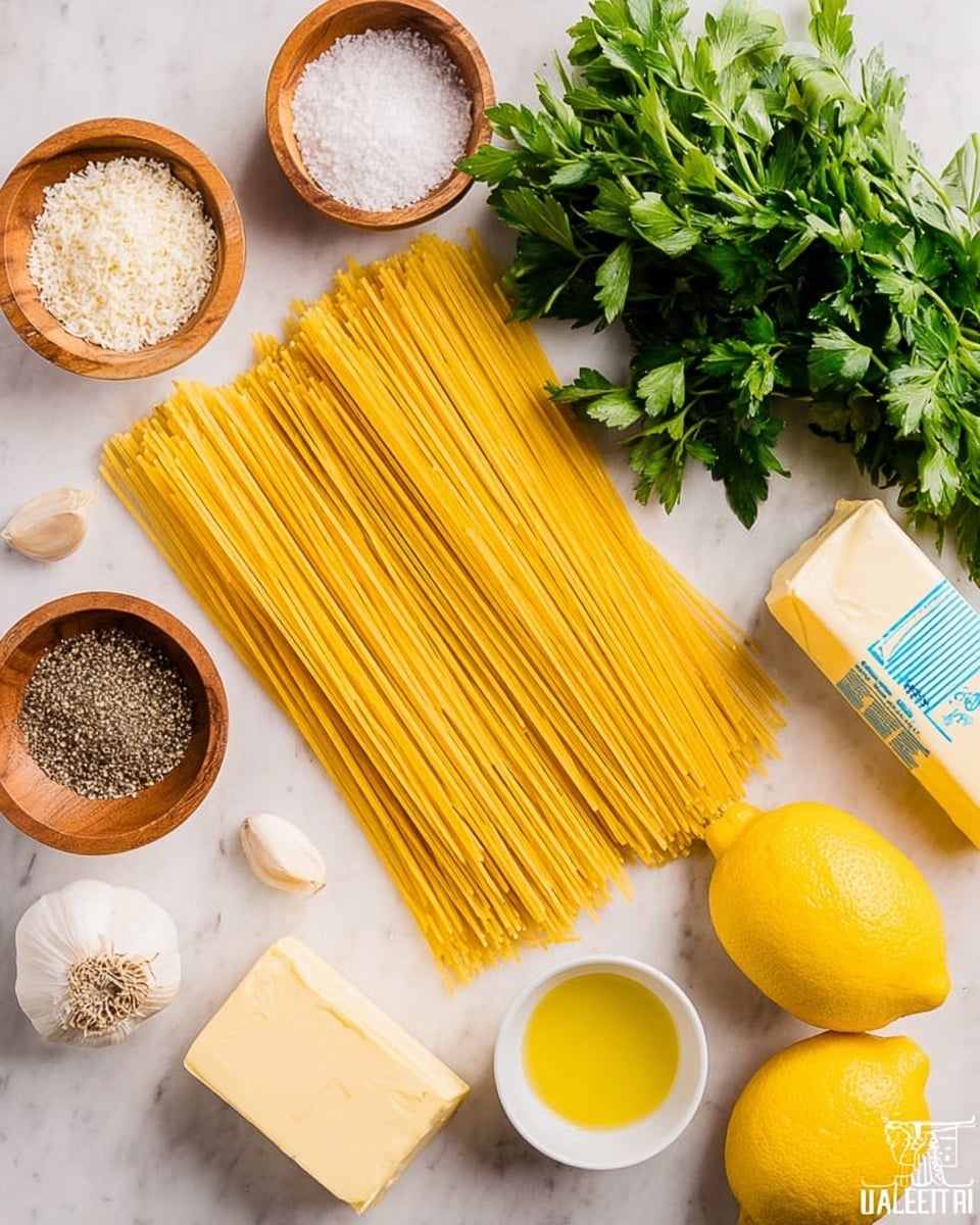 The image shows a flat white marbled surface with fresh ingredients for cooking pasta. In the center, there is a large bundle of uncooked spaghetti with a golden yellow color laid flat. Around the spaghetti, there are wooden bowls with white salt, black pepper, and grated cheese, each with fine textures visible. A white small bowl holds golden olive oil near the bottom. There is a chunk of pale yellow butter with blue writing on the wrapper placed to the right of the pasta. Two whole bright yellow lemons are positioned at the top right, next to a bunch of fresh green parsley with leafy texture. A whole white garlic bulb is placed at the bottom left. The scene is bright with natural light and a clean look. photo taken with an iphone --ar 4:5 --v 7