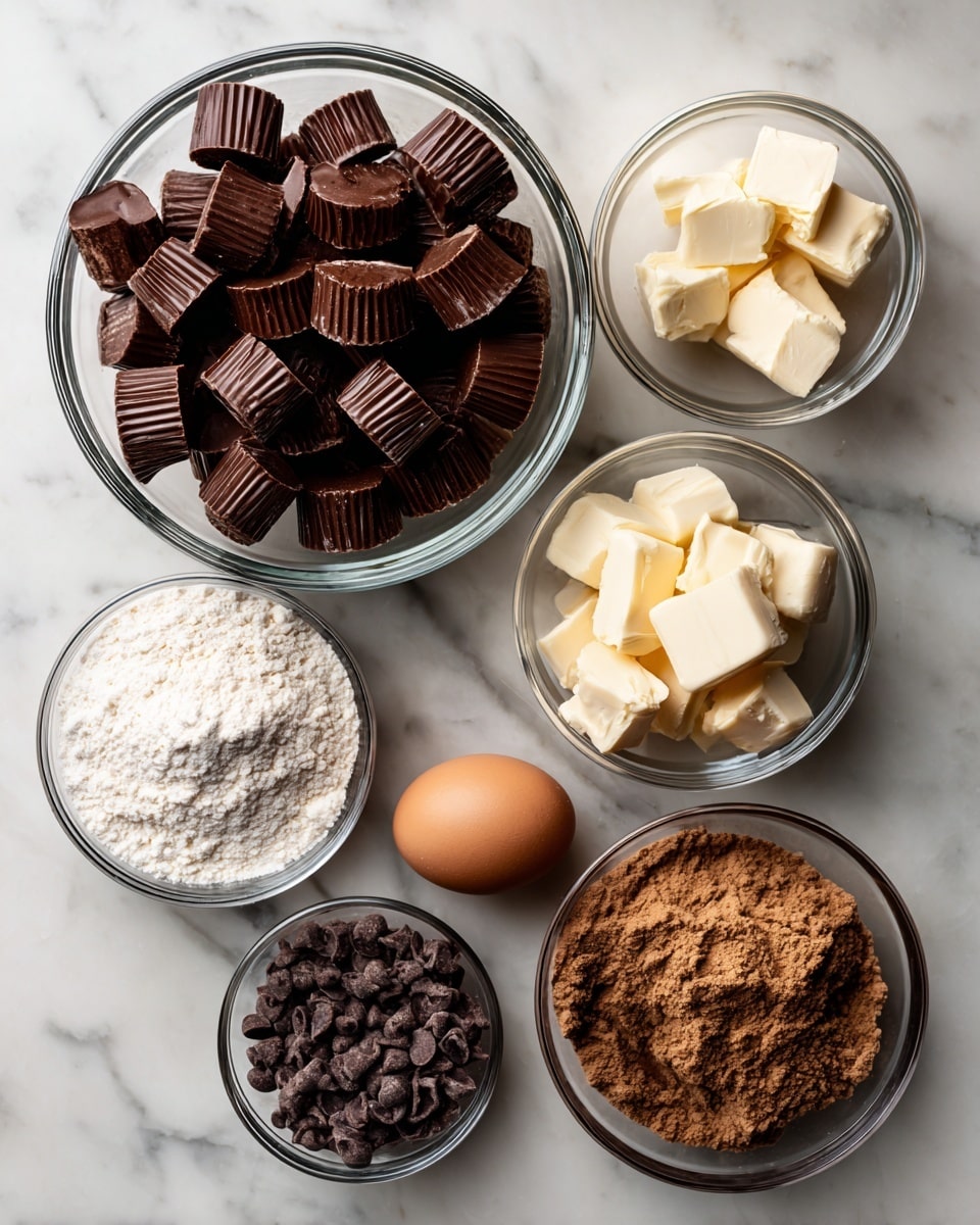 A light brown surface holds six clear glass bowls and one egg. The top bowl is filled with many miniature peanut butter cups, showing their ridged sides and smooth tops in dark brown. To the right, a bowl with soft white unsalted butter pieces sits. Below it is another bowl filled with white granulated sugar. In the bottom left, a bowl contains a mix of white flour, dark brown cocoa powder, and a bit of salt. To the left of that, a bowl has dark chocolate chips or chunks. In the center, there is a single brown egg. All bowls have clear glass and the surface beneath is white marbled texture. Photo taken with an iphone --ar 4:5 --v 7
