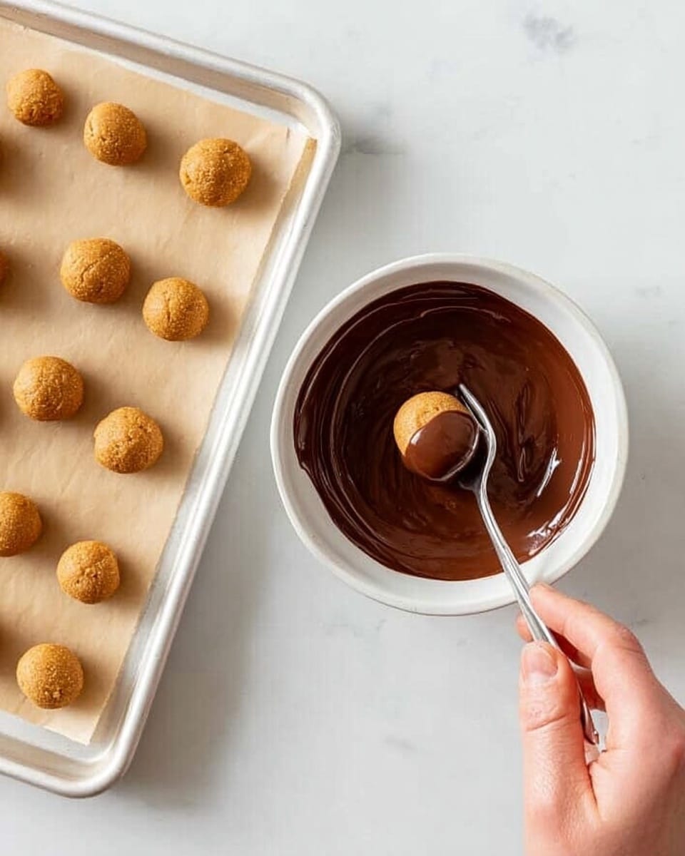 The image shows a white baking tray on the left side with small round dough balls spaced evenly on parchment paper. To the right of the tray is a white bowl filled with melted smooth dark brown chocolate. A woman's hand is holding a silver fork, dipping one round ball into the chocolate, which covers the ball completely. The background is a white marbled surface. photo taken with an iphone --ar 4:5 --v 7