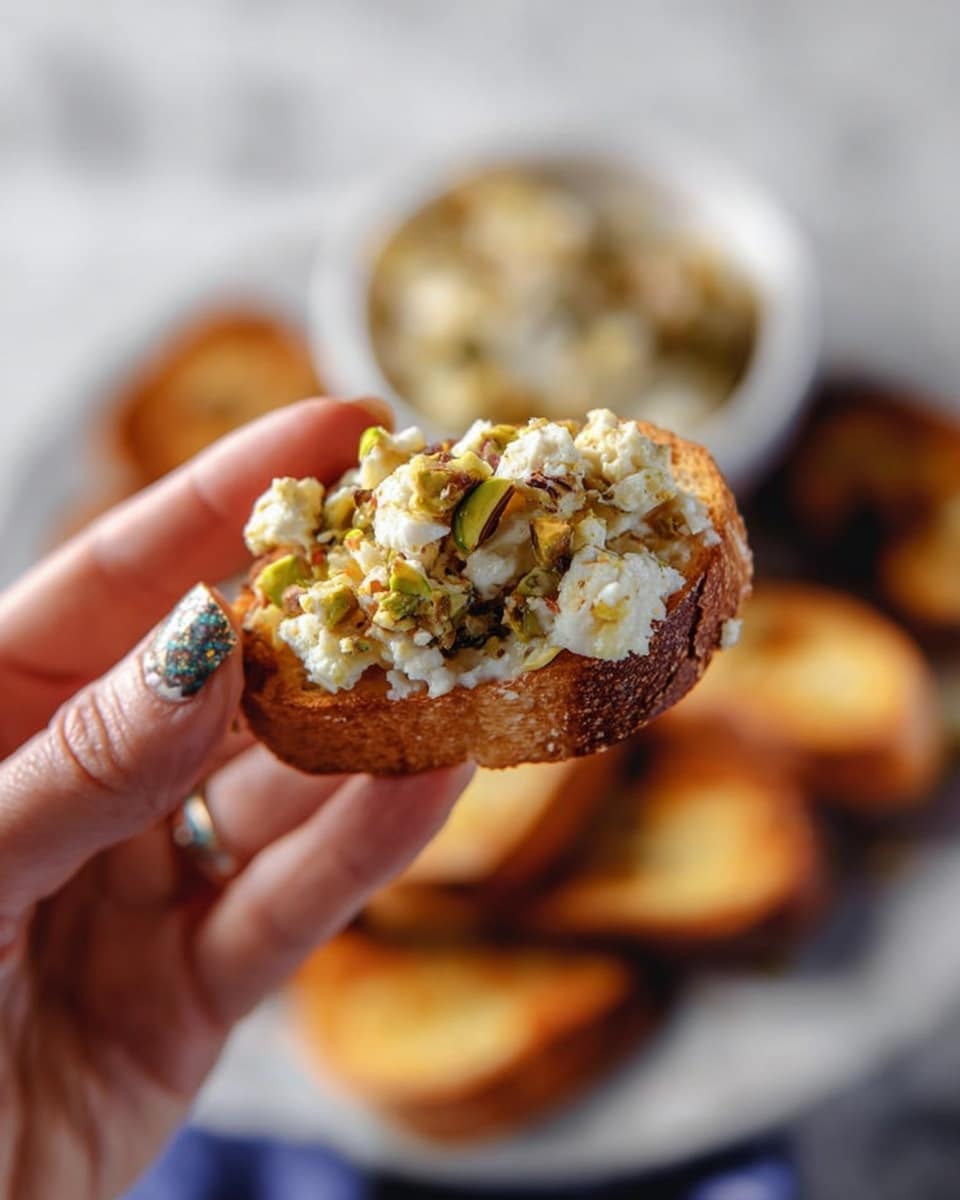 A woman's hand is holding a small toasted bread slice with a light brown crispy texture. On top, there is a thick layer of crumbly white cheese mixed with small pieces of green pistachio nuts. The background shows blurred slices of toasted bread and a white bowl with more cheese and nuts, all placed on a white marbled surface. photo taken with an iphone --ar 4:5 --v 7