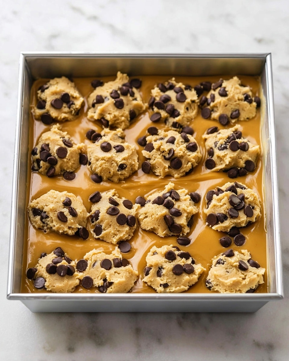 A square metal baking pan with a layer of smooth, shiny golden caramel spread evenly at the bottom, topped with uneven dollops of light tan cookie dough mixed with dark brown chocolate chips scattered throughout and on the surface, giving a textured and chunky look. The pan sits on a white marbled surface. Photo taken with an iphone --ar 4:5 --v 7
