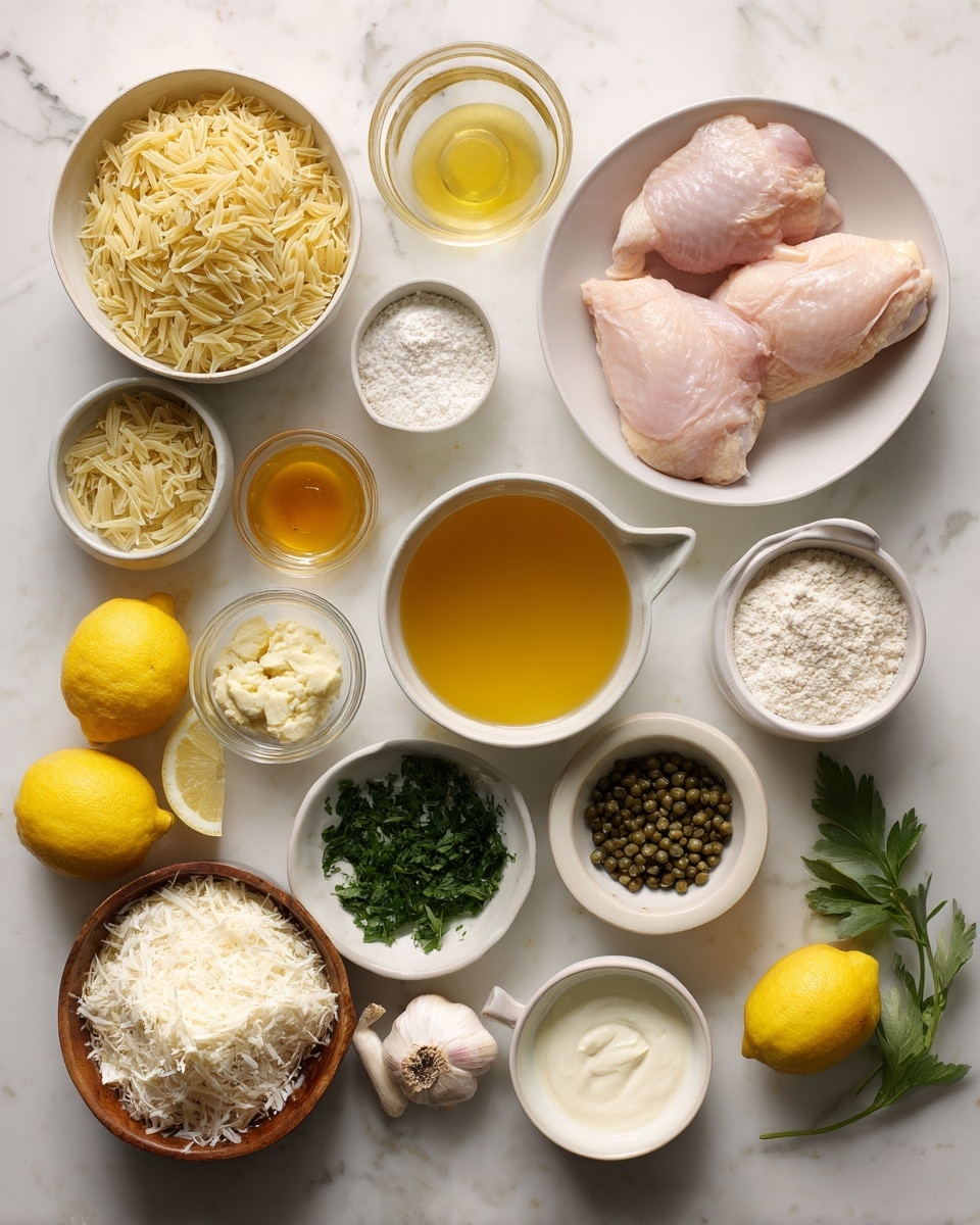 The image shows a top view of many small white bowls and one wooden bowl, all placed on a white marbled surface. The largest white bowl at the top right holds two pink raw chicken pieces. To its left, a small white bowl with golden honey, and below it a very small white bowl with softened pale yellow butter. Below the butter is a white bowl with white flour. Next to flour on the right is a pinkish bowl with white sugar. Below sugar is a clear glass cup with light orange chicken broth. Next to the broth is a white bowl with chopped green parsley. Below parsley is a white measuring cup with thick white cream. Left to the cream is a white bowl filled with shredded pale yellow Parmesan cheese. Above the cheese, a small white bowl with green capers. Above capers, a split bowl with white salt and black pepper. To the left of pepper is a wooden bowl filled with raw orzo pasta, yellowish and grain-shaped. Above the orzo are two bright yellow lemons. Next to the lemons, a small pink bowl holding three garlic cloves with skins. Next to the garlic is fresh dark green spinach leaves. Above the broth is a small clear glass bowl with light yellow olive oil. All bowls and ingredients are cleanly arranged and nicely spaced. Photo taken with an iphone --ar 4:5 --v 7