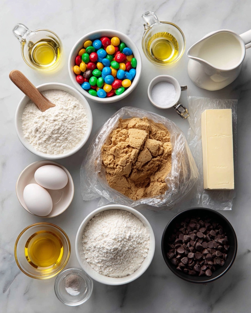 The image shows various baking ingredients laid out on a white marbled surface. At the center, there is a clear plastic bag filled with a light brown brownie mix. Surrounding the bag are white bowls and small glass containers holding different ingredients: a white bowl with white all-purpose flour featuring a small wooden fork on top, a white bowl filled with colorful M&M's candies, another white bowl with small dark chocolate chips, and a white bowl full of light brown brown sugar. There are two clear glass containers with handles holding light yellow vegetable oil and clear water, as well as a small white pitcher with milk. A black bowl holds two white eggs, and a stick of butter wrapped in paper is placed nearby. Additionally, there are two measuring spoons, one with vanilla extract and the other with salt. photo taken with an iphone --ar 4:5 --v 7