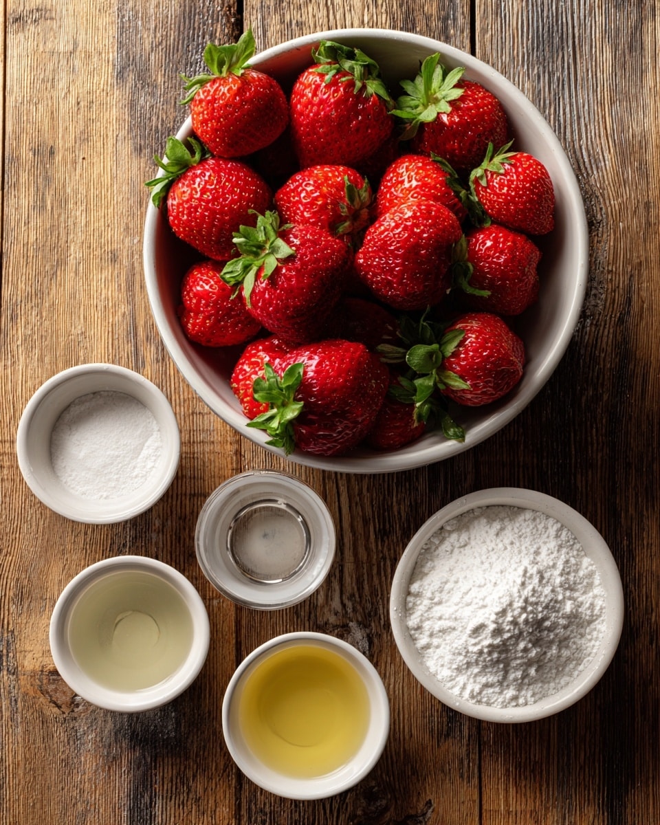 A white bowl filled with bright red strawberries with green leaves on top sits on a wooden surface. Around it are four small white bowls containing white corn starch powder, clear water, white sugar, and pale yellow lemon juice. The image is bright and clear, capturing the fresh and simple ingredients in a neat arrangement on a wooden table. photo taken with an iphone --ar 4:5 --v 7