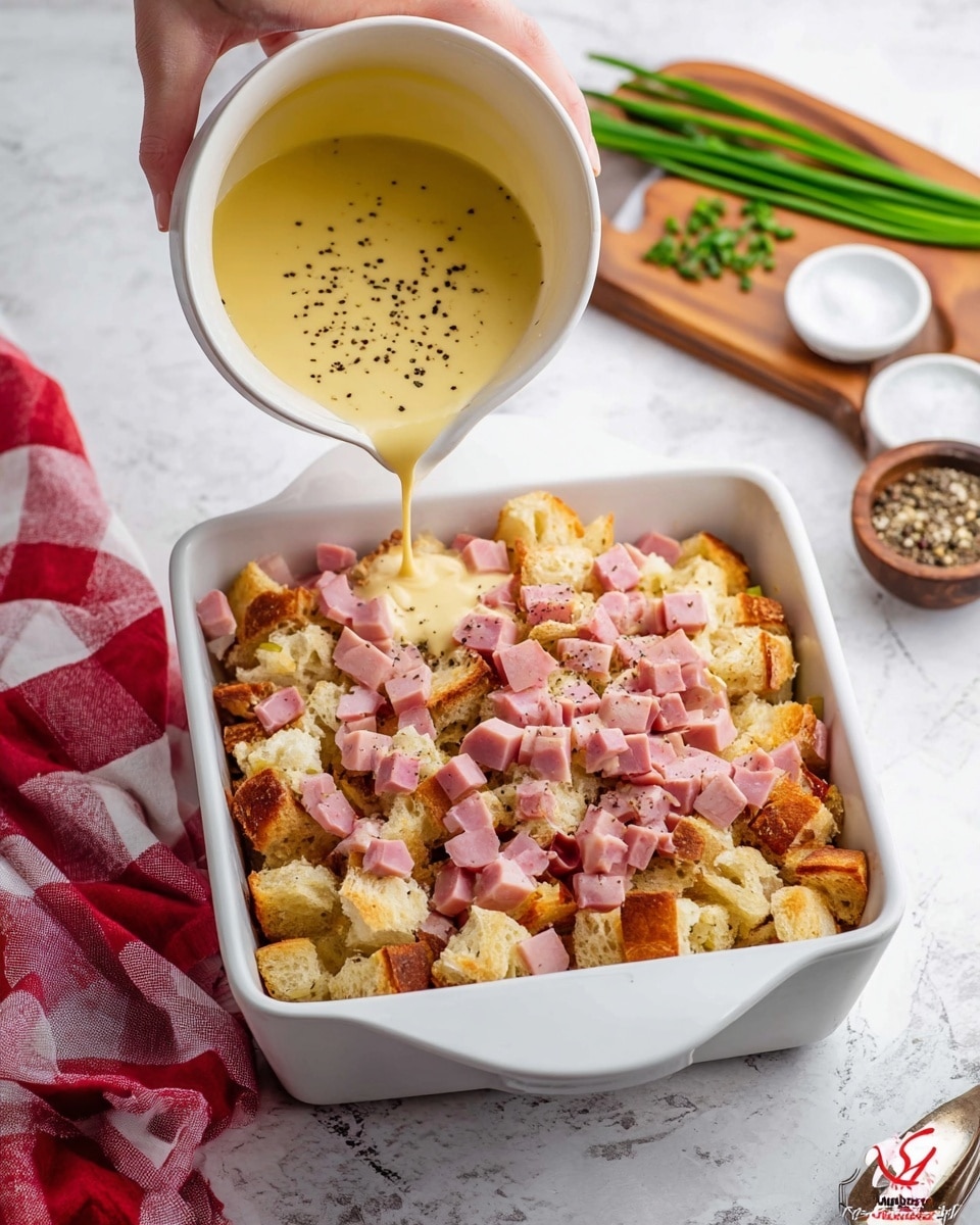 A white square casserole dish contains torn pieces of bread topped with small cubes of pink ham. In the foreground, a woman's hand holds a white bowl filled with a frothy yellow liquid with black specks, positioned as if about to pour it onto the bread and ham. The dish is placed on a white marbled surface with a red and white checkered cloth in the bottom left corner, some green chives on the top right, and small bowls of salt and pepper on a wooden board nearby. photo taken with an iphone --ar 4:5 --v 7