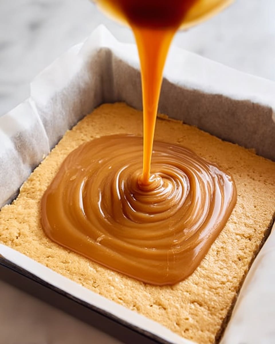 A square white baking pan lined with parchment paper holds a light golden brown baked cake layer with a smooth but slightly uneven texture. On top, a thick, rich, caramel-colored sauce is being poured in a circular motion from a container just above the cake, forming a glossy, swirled mound in the center. The background features a white marbled texture. photo taken with an iphone --ar 4:5 --v 7