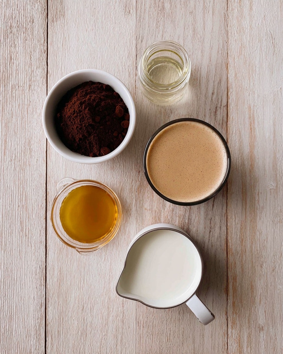 The image shows five small containers placed on a light wooden surface with a natural grain pattern. At the top center is a small clear jar with clear peppermint extract. Below it to the left, there is a white bowl filled with dark brown cocoa powder. To the right of the bowl, a glass cup holds a light brown espresso with foam on top. Below the bowl on the left, a small clear measuring cup is filled with golden brown maple syrup. At the bottom right, a small white metal saucepan contains smooth white milk. Each item is spaced evenly in a vertical and slightly diagonal arrangement. photo taken with an iphone --ar 4:5 --v 7