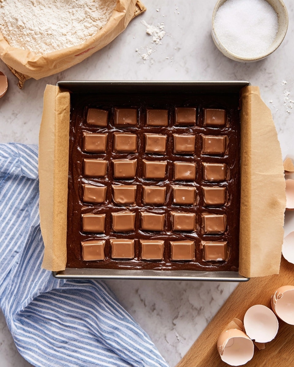A square baking pan lined with brown parchment paper holds a thick layer of shiny dark chocolate batter. On top, there is a neat grid of halved milk chocolates arranged in five rows and seven columns, partially submerged in the batter, showing their smooth, creamy milk chocolate color. Around the pan, on a white marbled surface, there is a beige paper sack with white flour on the left, a small white wooden bowl filled with white granulated sugar at the top right, and cracked eggshells on a light wooden board at the bottom right. A blue and white striped cloth is draped casually beside the baking pan. Photo taken with an iphone --ar 4:5 --v 7