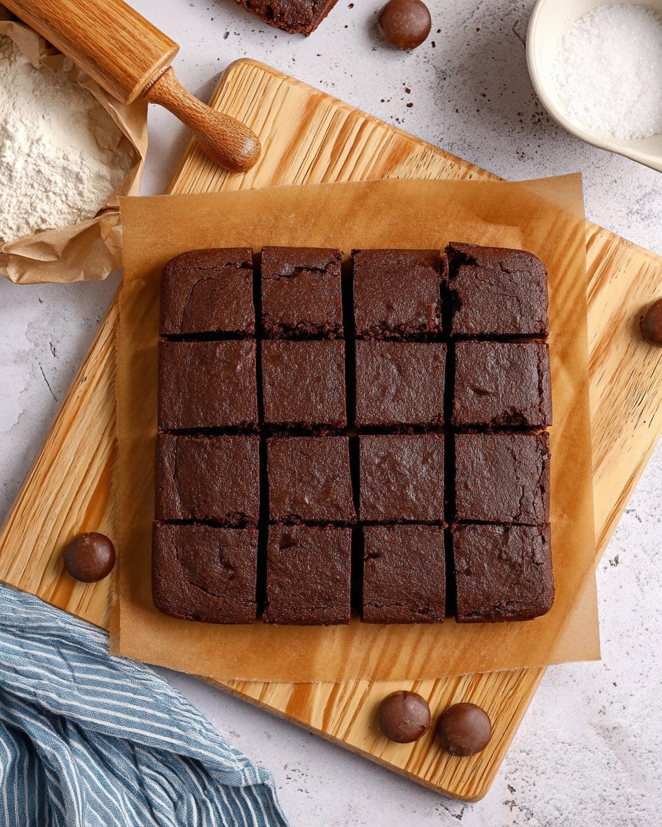 The image shows a square chocolate brownie cut into 16 equal small pieces, placed on brown parchment paper over a wooden cutting board with a light wood grain. The brownie has a rich, dark brown color with a smooth, slightly textured surface. Around the board, there are small decorative round chocolates near the bottom corner and a paper bag filled with flour with a wooden scoop on the top left. Toward the top right, a small white marbled textured bowl holds white sugar. The background features a white marbled textured surface, and a blue and white striped cloth is partly visible in the bottom left corner. Photo taken with an iphone --ar 4:5 --v 7