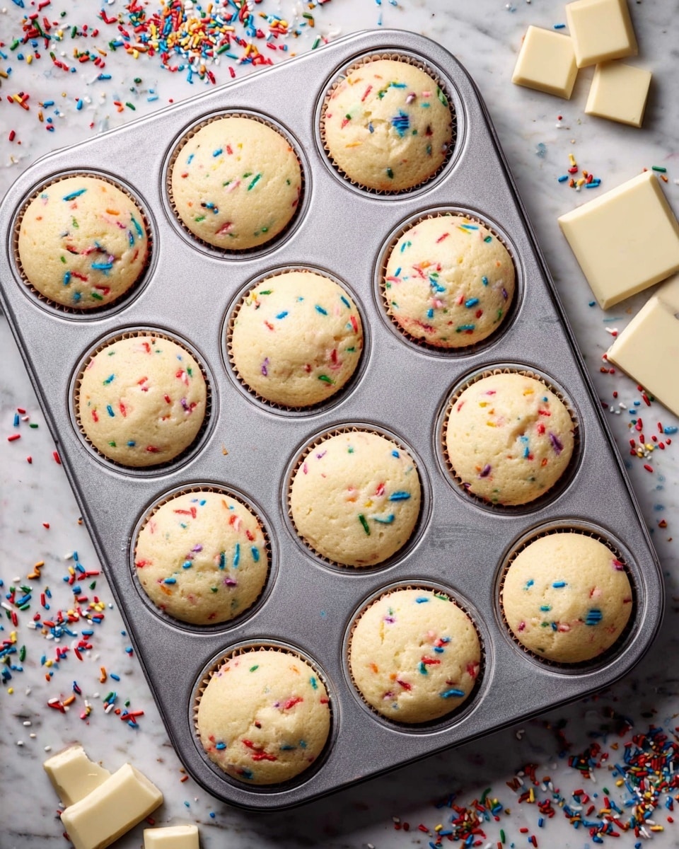A metal muffin tray holds ten rounded cupcakes with light golden tops, each sprinkled with small, colorful bits in blue, red, green, yellow, and orange. The cupcakes have a smooth, slightly domed surface. The tray sits on a white marbled surface that is sprinkled with more colorful bits around it. In the top right corner, there are scattered white rectangular pieces, likely candy or chocolate. The overall look is bright and cheerful, with the contrasting colors of the sprinkles standing out on the pale cupcakes photo taken with an iphone --ar 4:5 --v 7