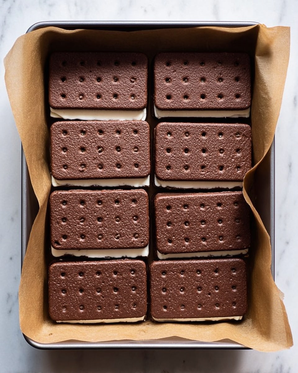 The image shows a square baking pan lined with brown parchment paper holding a layer of chocolate sandwich ice cream bars arranged neatly in two rows, with five bars in the top row and four in the bottom row. Each bar is dark brown with a slightly textured surface covered with small evenly spaced holes. There is a thin visible white ice cream layer peeking from the edges between the bars. The pan sits on a white marbled surface. photo taken with an iphone --ar 4:5 --v 7