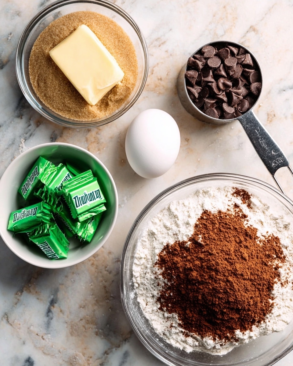 The image shows a white marbled surface with several baking ingredients arranged neatly. On the top left, a glass bowl contains a layer of light brown sugar and a yellow stick of butter resting on top. Near the center, a single white egg is placed next to a small white bowl filled with bright green-wrapped Andes mints. On the top right, a metal measuring cup holds dark brown chocolate chips. On the bottom right, a large glass mixing bowl contains white flour with a pile of reddish-brown cocoa powder on top. The scene has a clean and organized look with natural lighting. Photo taken with an iphone --ar 4:5 --v 7