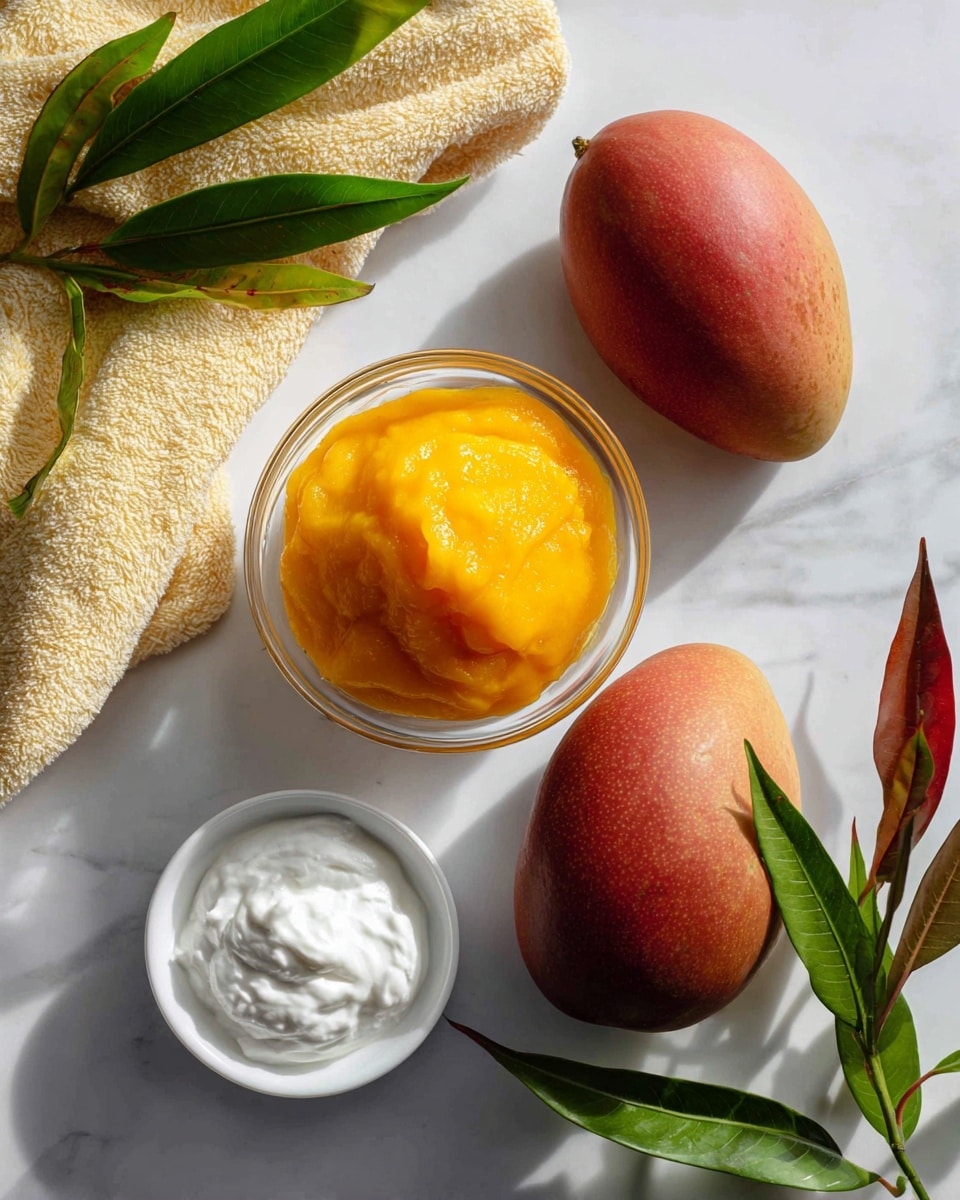 The image shows four main elements on a white marbled surface. In the top left, there is a clear glass bowl filled with bright orange mango pulp, appearing smooth and thick in texture. To the right of the bowl, a whole mango with a shiny, reddish-orange skin rests naturally. Below the mango pulp, a small white bowl contains a dollop of white whipped cream, which looks soft and fluffy. Near the whipped cream, there is a small white dish with white gelatin powder. A yellow towel is folded and placed on the far left edge of the frame, and some green and red leaves come in from the top right corner. The light and shadows indicate the photo was taken with an iphone --ar 4:5 --v 7