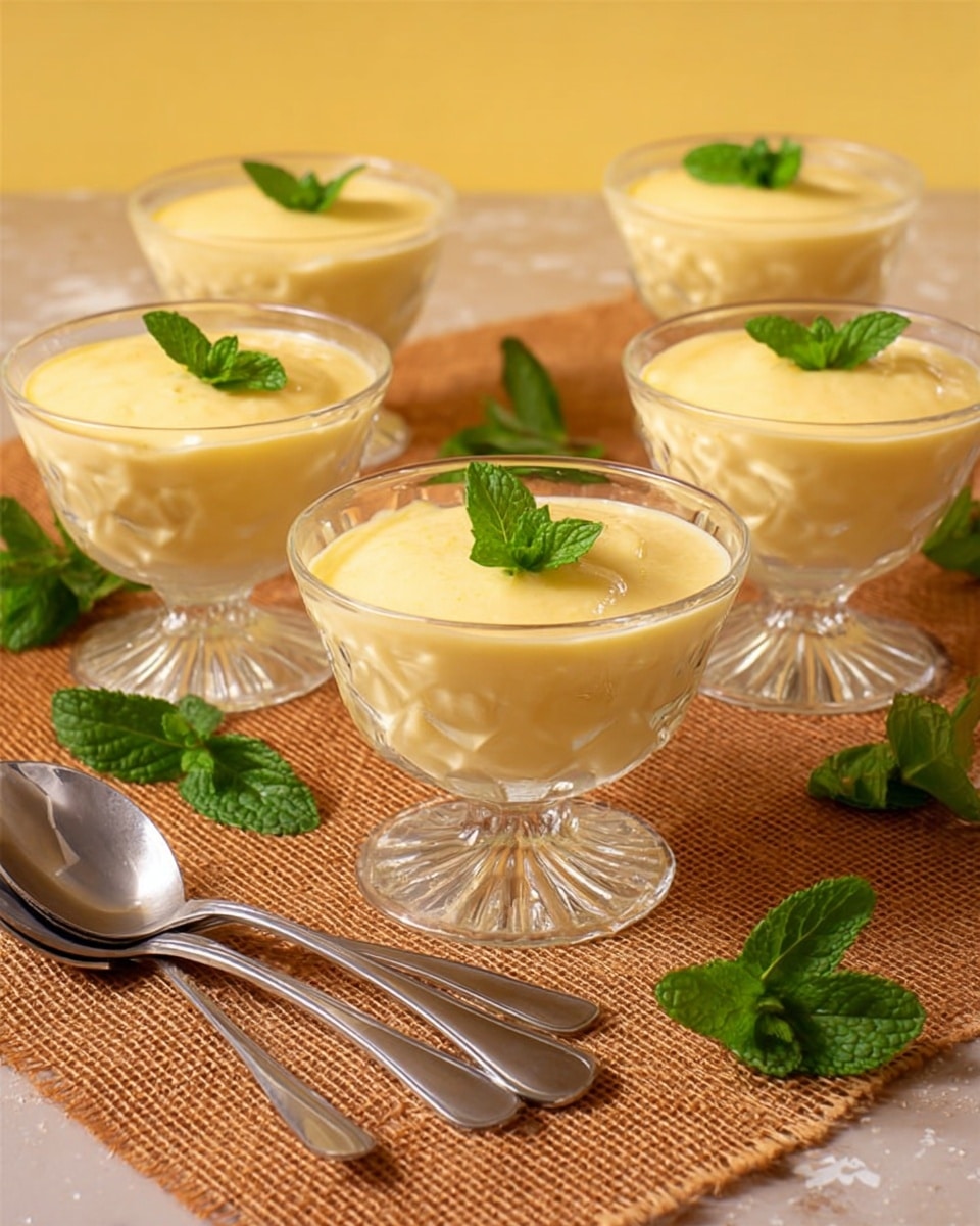 The image shows a clear glass dessert cup with a thick light orange mousse inside. The mousse has a smooth, airy texture with small bubbles. On top of the mousse, there is a fresh green mint leaf for decoration. A spoon with a scoop of the mousse is held above the cup, showing the creamy and soft inside. Three similar desserts are visible in the background, placed on a white marbled surface. The photo taken with an iphone --ar 4:5 --v 7