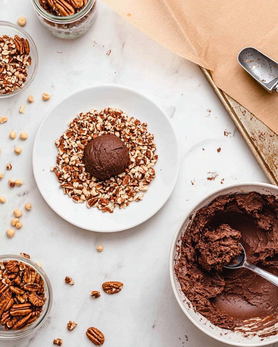 A white plate holds a layer of chopped pecans spread evenly in a circle, with a single round scoop of thick, dark chocolate dough placed right in the center. Nearby, a white bowl contains more of the chocolate dough, showing a rough texture mixed with bits of nuts. There are loose whole pecans and chickpeas scattered on the white marbled surface around, along with a glass jar filled with pecans, a metal scoop with more chocolate dough, and a parchment-lined baking tray in the background. photo taken with an iphone --ar 4:5 --v 7