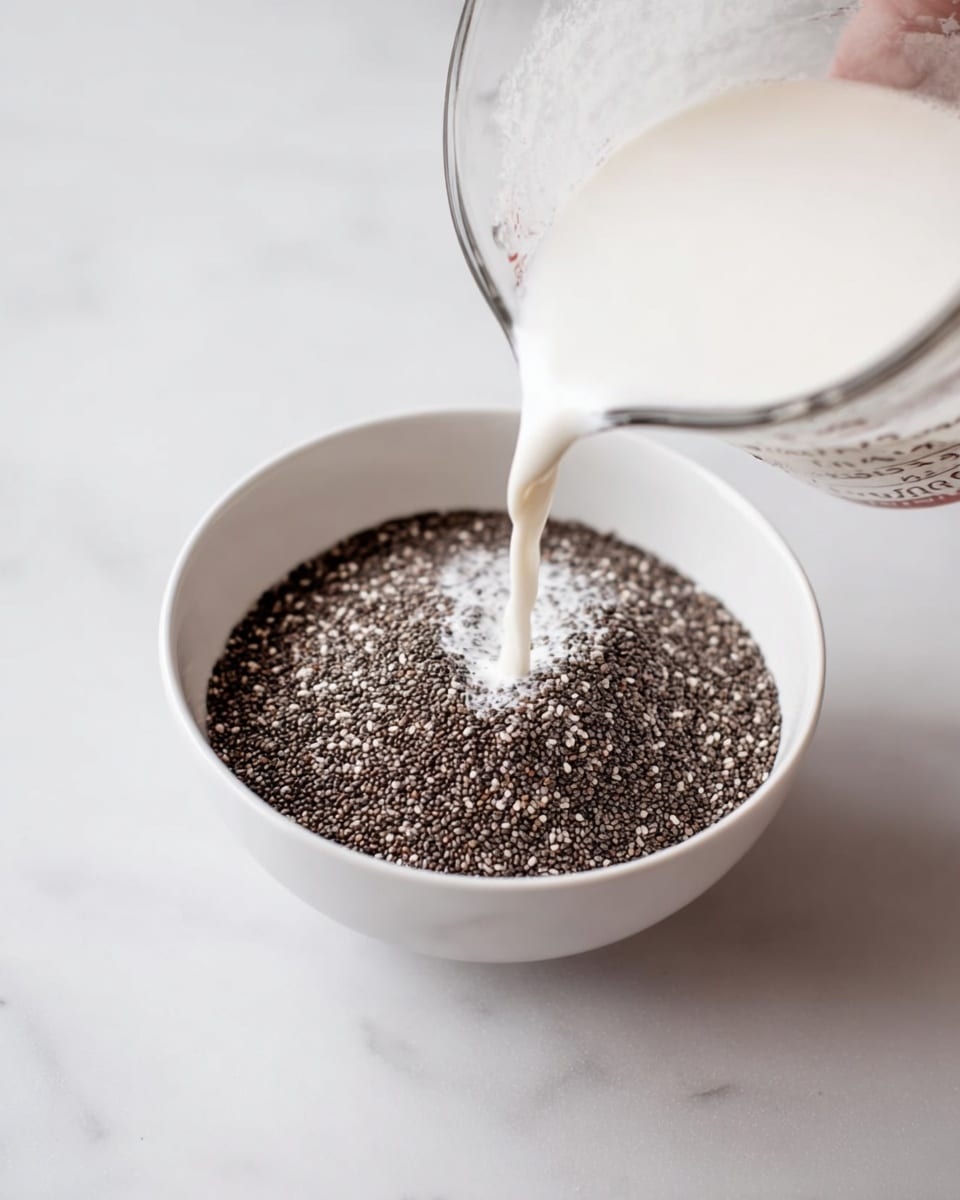 A white bowl filled with a thick layer of small, round black chia seeds fills the inside. A woman's hand is pouring a white liquid, likely milk or a milk substitute, from a clear glass measuring cup. The liquid is beginning to cover some of the chia seeds. The bowl sits on a white marbled surface. Photo taken with an iphone --ar 4:5 --v 7