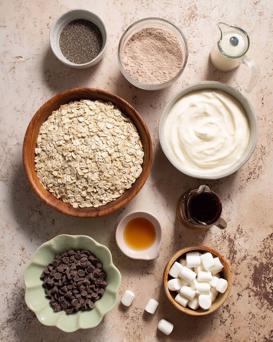 The image shows several ingredients laid out on a light brown textured surface. There is a large wooden bowl at the bottom left filled with pale beige rolled oats. Above it to the left, a small white bowl holds tiny black chia seeds. At the center is a pinkish bowl filled with light brown powder. To the right, a white bowl contains smooth, creamy white yogurt or cream. Above the yogurt is a clear measuring cup with a handle, filled with white liquid. A tiny beige cup with amber-colored vanilla or syrup sits near the center. Next to it on the right is a dark glass bottle, likely vanilla extract. Two small wooden bowls on the right hold mini white marshmallows, some scattered around. Below those, a pale green ruffled bowl is filled with dark brown chocolate chips. The whole setup is on a white marbled surface photo taken with an iphone --ar 4:5 --v 7