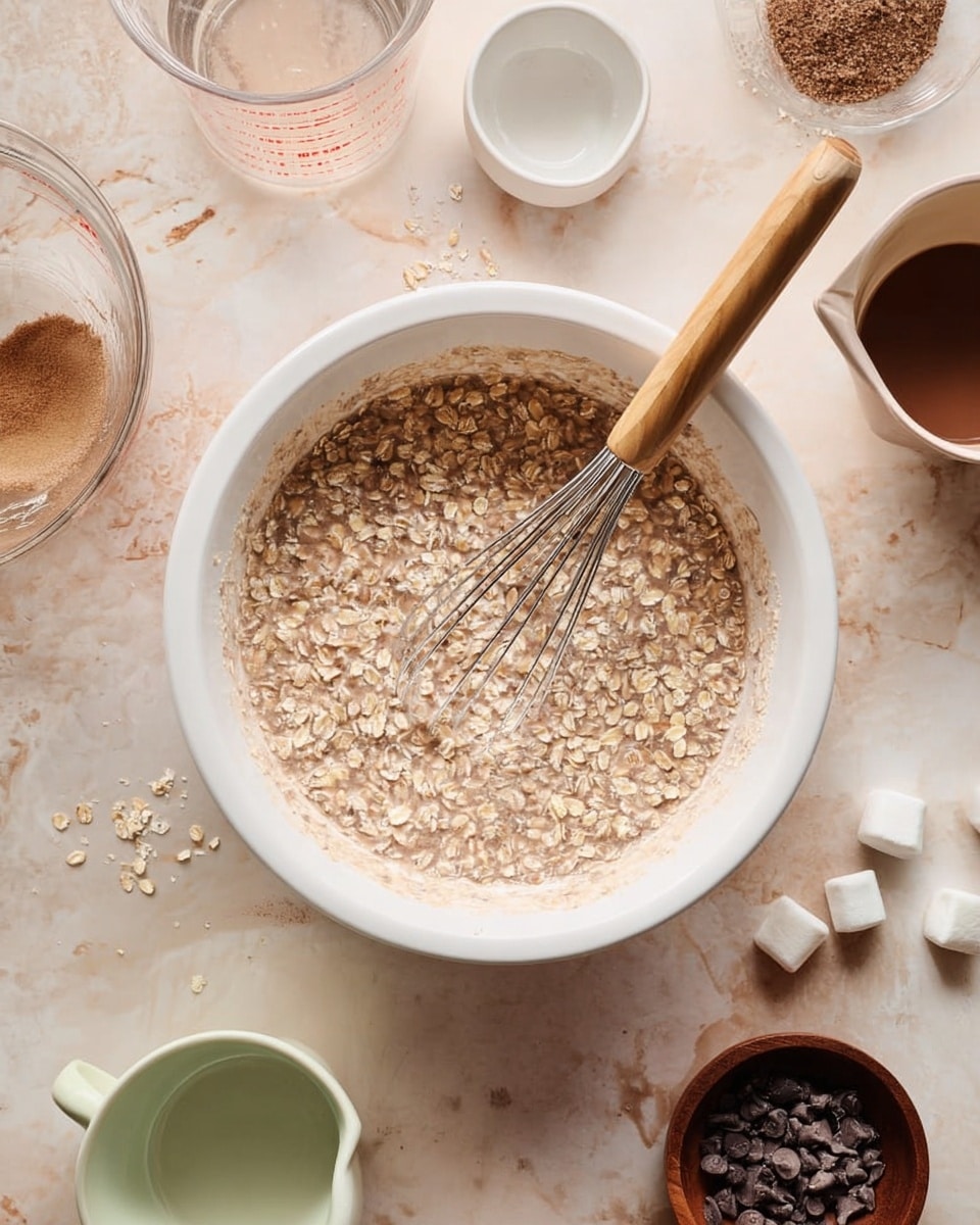 A white bowl placed on a white marbled surface is filled with a mixture of oats and a light brown liquid, visibly textured with loose oats floating throughout. Inside the bowl, a metal whisk with a wooden handle rests diagonally, partially submerged in the oat mixture. Around the bowl, there are various small bowls and containers including a translucent measuring cup with some liquid residue inside, a small white bowl, a tan bowl with a smooth interior, a dark brown wooden bowl, and a small pale green bowl filled with dark chocolate chips. Scattered on the marbled surface are a few small white marshmallows and some dark spots that look like spilled ingredients. Photo taken with an iphone --ar 4:5 --v 7