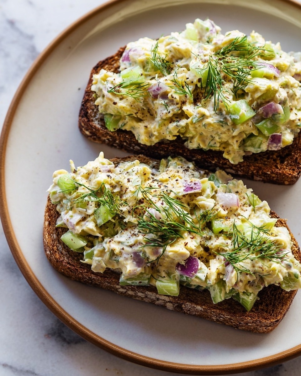 Two pieces of toasted dark brown bread sit on a white plate with a light brown rim, placed on a white marbled surface. Each toast is topped with a thick layer of creamy salad made of light yellowish-white shredded mixture mixed with small chunks of bright green celery and pieces of purple onion. The salad is sprinkled with a few green dill sprigs and some black pepper for texture and color contrast. The bread edges are slightly crispy and the toast looks fresh and ready to eat photo taken with an iphone --ar 4:5 --v 7