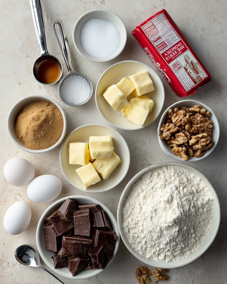 The image shows a flat lay of baking ingredients on a beige textured surface. Near the top left, there are two metal measuring spoons holding salt and vanilla extract, with a small white bowl of granulated sugar next to them. To the right, there is a red and white package of marzipan almond candy dough standing upright. In the middle, two white bowls contain pale yellow butter cubes and dark brown walnuts, respectively. Near the right center, a larger white bowl is filled with semisweet chocolate chunks. At the bottom left, a white bowl holds moist-looking brown sugar, and to the right, another white bowl is filled with white flour. Two white eggs rest near the butter bowl. There is also a small metal spoon with baking soda near the bottom left corner of the layout. The whole scene is neatly arranged and labeled with black tags for each ingredient. photo taken with an iphone --ar 4:5 --v 7