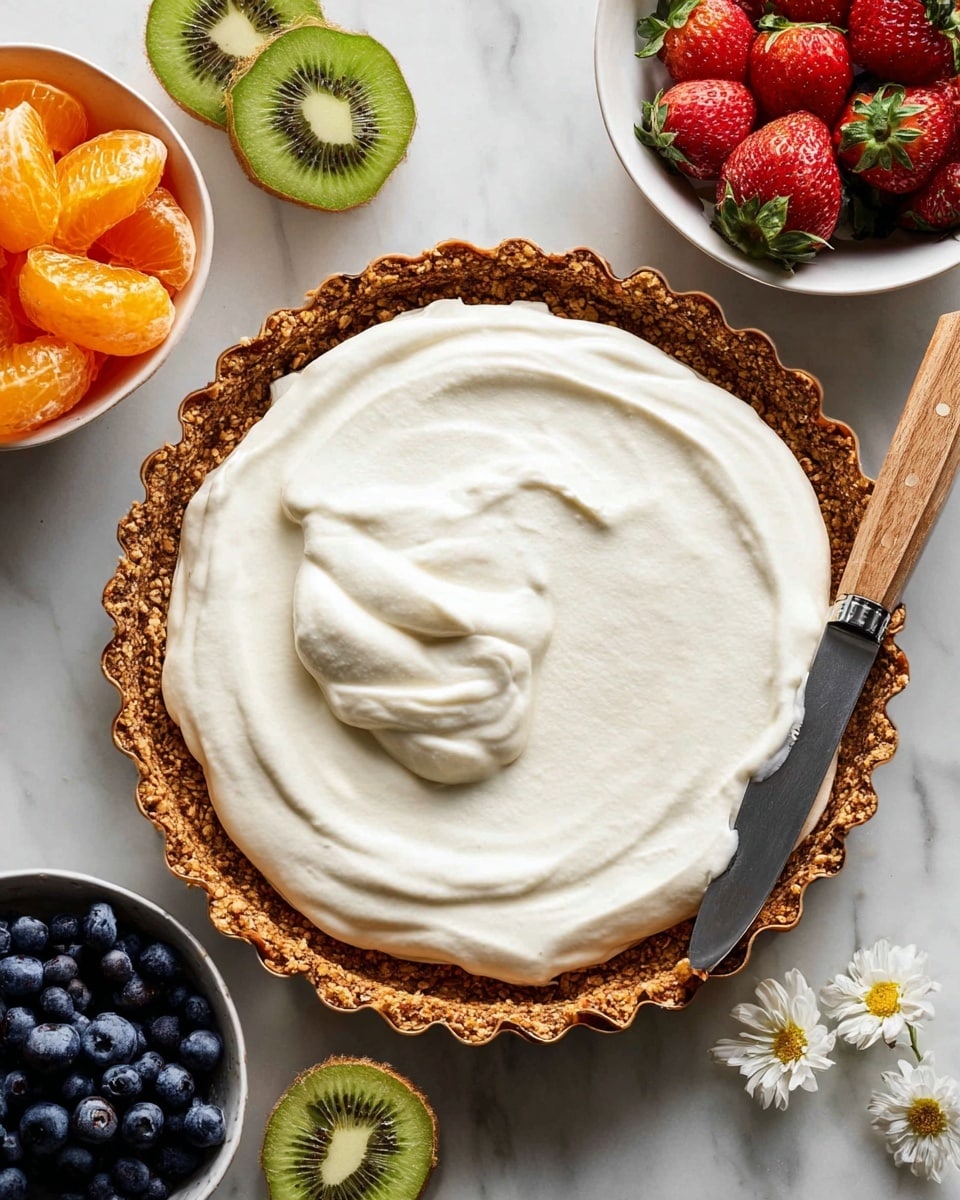A tart with two layers is shown on a white marbled surface. The bottom layer is a rough-textured, brown crust made from nuts or oats, filling a fluted tart pan with a light brown edge. The top layer is creamy and smooth, thick white whipped cream spread evenly but not perfectly over the crust. A knife with a wooden handle rests on the tart, partially covered by the cream. Around the tart, there are colorful fruits: whole and sliced green kiwi, a bowl of dark blue blueberries, several bright red strawberries with green tops, a small white bowl holding orange mandarin slices, and three small white flowers near the bottom right. The photo taken with an iphone --ar 4:5 --v 7