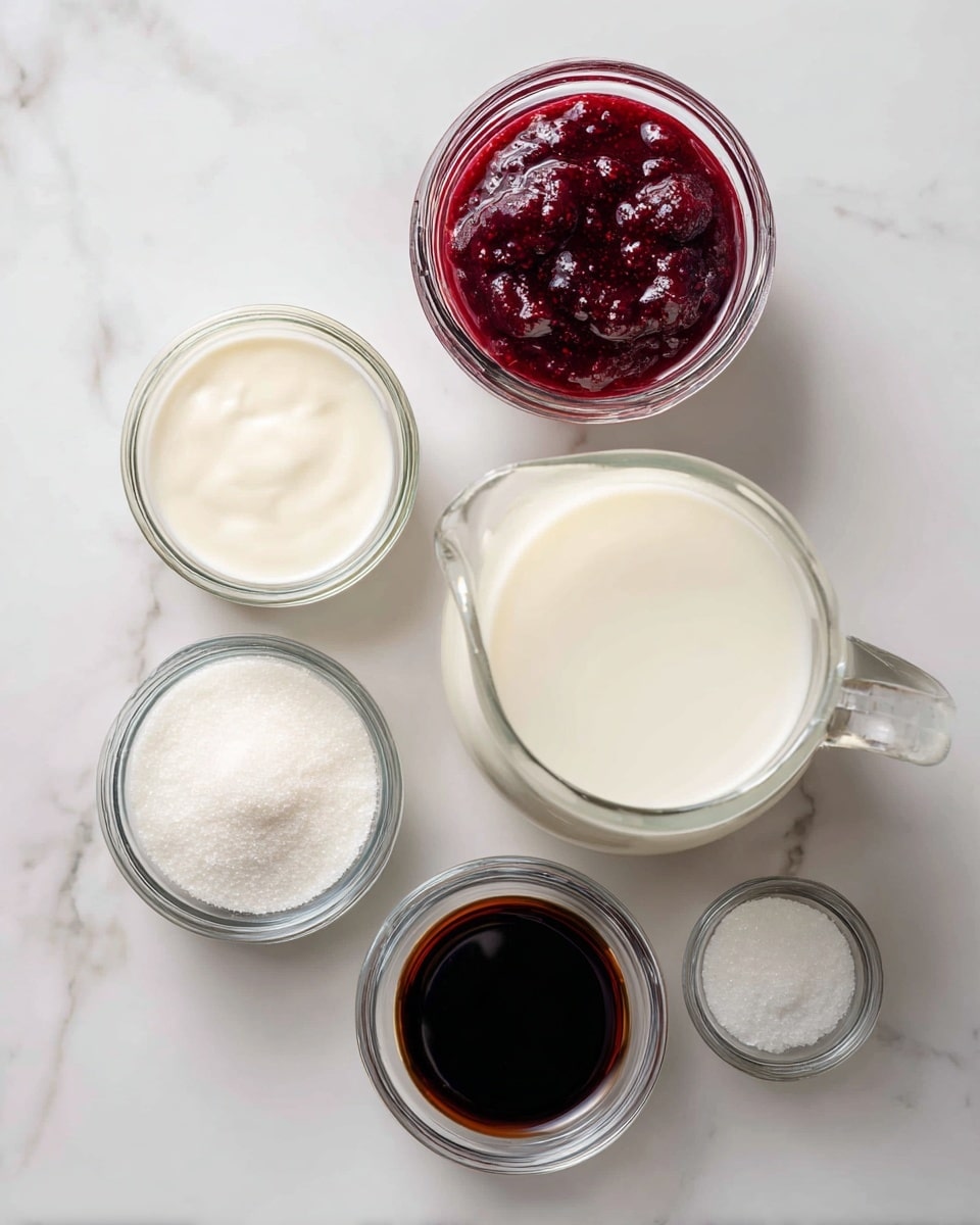 A top view of six clear glass containers arranged on a white marbled surface, each filled with different ingredients. The largest container holds a deep red jam that looks thick and chunky, positioned at the top center. To the right and slightly below is a medium-sized glass pitcher filled with white milk, smooth in texture. On the left side below the jam is another medium clear glass pitcher with white cream, slightly thicker than milk. Below the cream pitcher is a small glass bowl filled with fine white sugar, shiny and granulated. To the right of the sugar is a smaller glass bowl with white salt, finely textured. At the bottom center is the smallest clear glass bowl containing dark brown vanilla extract, smooth and liquid. All containers are spaced evenly with their labels visible. Photo taken with an iphone --ar 4:5 --v 7