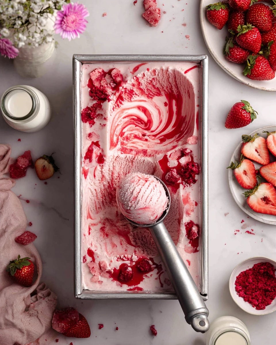A rectangular metal tray filled with pink strawberry ice cream swirled with bright red strawberry sauce, with a scoop taken out showing the smooth texture inside. The top layer of creamy pink ice cream is mixed with glossy deep red swirls and small red pieces. A metal ice cream scooper rests on the ice cream with a round scoop of the same pink ice cream. Around the tray are fresh whole and sliced strawberries, a white plate with strawberries, a glass bottle of milk, a small bowl of red crumbs, and a small vase with pink flowers, all on a white marbled surface. photo taken with an iphone --ar 4:5 --v 7