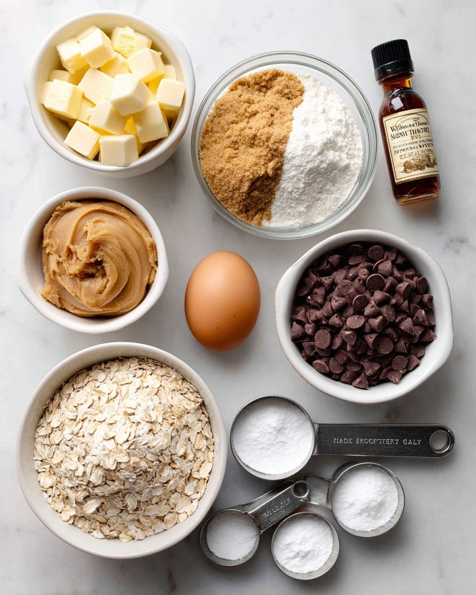The image shows a top view of several white bowls and measuring cups arranged neatly on a white marbled surface, each filled with different baking ingredients. Starting from the top left, there is a small white bowl filled with light yellow cubed butter. Next to it, a clear glass bowl holds white and brown sugars, with the brown sugar sitting on top of the white sugar. To the right, a white bowl contains a light beige all-purpose flour. Above it is a bottle of vanilla extract. Below the flour bowl, a smaller white bowl is filled with dark brown chocolate chips. Near the center right, a single brown egg rests directly on the surface. On the bottom right side, three silver measuring spoons contain white powders labeled baking soda, baking powder, and salt, from left to right. Below the butter bowl, a metal measuring cup holds light tan old-fashioned oats. Next to it, a similar cup contains a creamy, light brown peanut butter. The entire setup is clean and well-organized, making each ingredient easy to see. Photo taken with an iphone --ar 4:5 --v 7