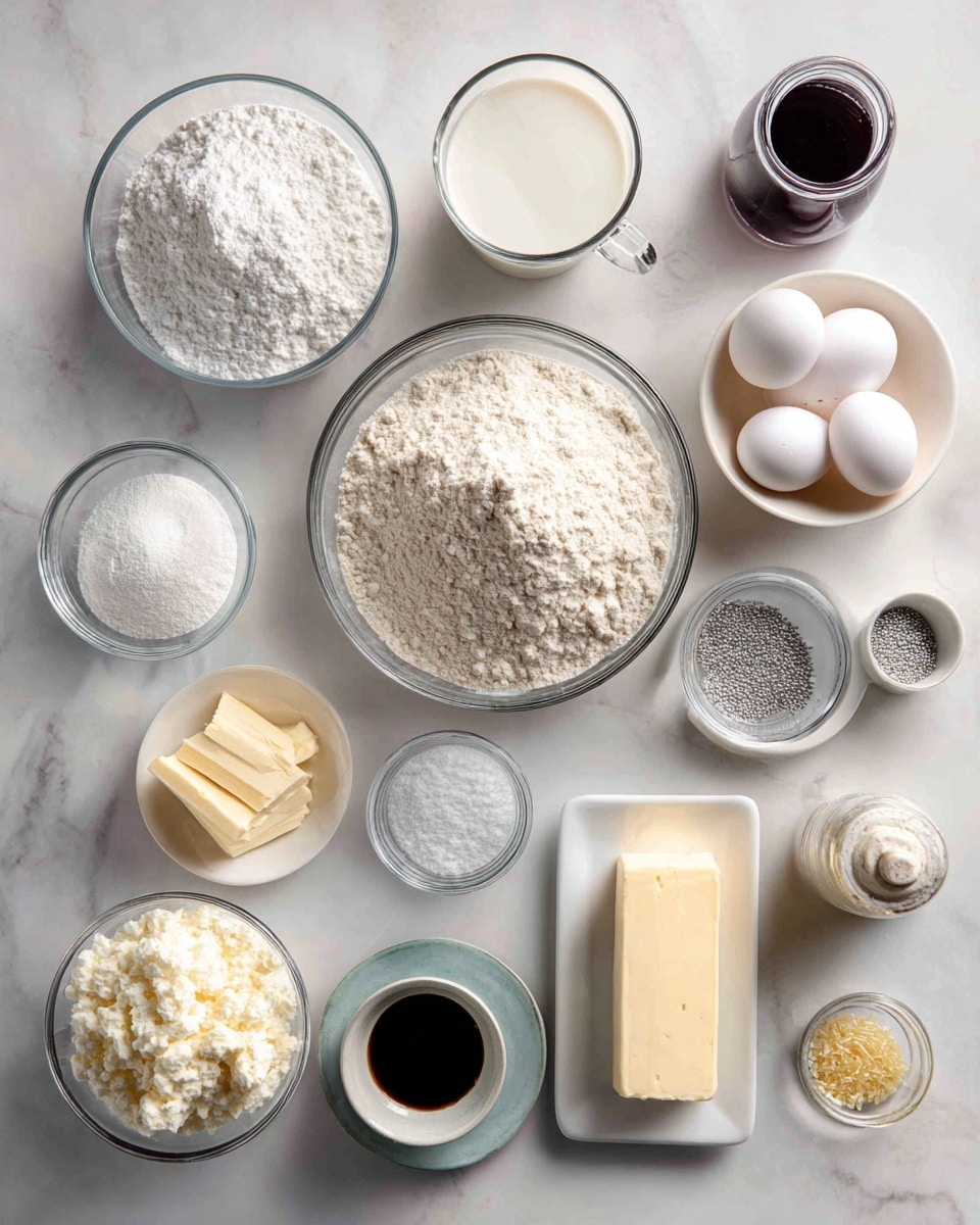 A top view of various baking ingredients neatly arranged on a white marbled surface, each in clear glass bowls or on a white rectangular plate; in the center is a large bowl with light beige all-purpose flour, surrounded by a bowl of white powdered sugar, a glass with white sugar, a small glass cup with milk, three white eggs, two sticks of pale yellow butter on a plate, a partially unwrapped block of cream cheese, a small bowl of white baking powder, a small bowl of salt, a small container of silver sprinkles, a small container of golden sprinkles tipped on its side, a small bottle of dark vanilla extract, and a glass with light purple grape juice; all items are clearly labeled with white text blocks; photo taken with an iphone --ar 4:5 --v 7