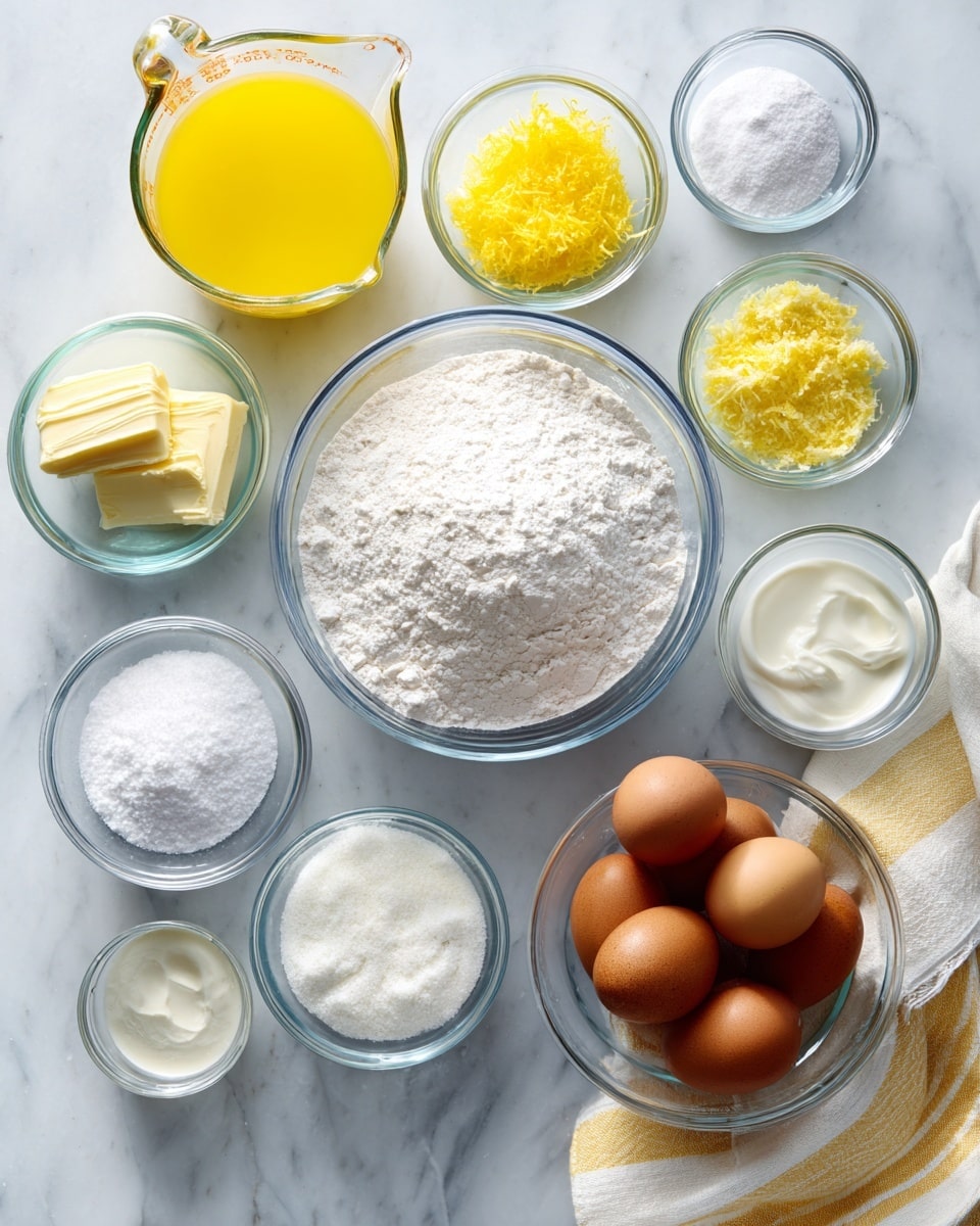 A top view of various baking ingredients arranged neatly on a white marbled surface. In the center, a large clear glass bowl holds white flour, surrounded by smaller clear glass bowls with bright yellow lemon zest, white powdered sugar, white sugar, white yogurt, pale yellow melted butter sticks, small amounts of baking soda, baking powder, and salt, along with a small bowl of vanilla extract. There is a clear glass measuring cup filled with vibrant yellow lemon juice near the top left. At the bottom right, a clear glass bowl contains brown and white eggs resting on a soft yellow and white striped cloth, with a small glass of milk nearby. All the items have clear labels in bold black text above or beside them. Photo taken with an iphone --ar 4:5 --v 7