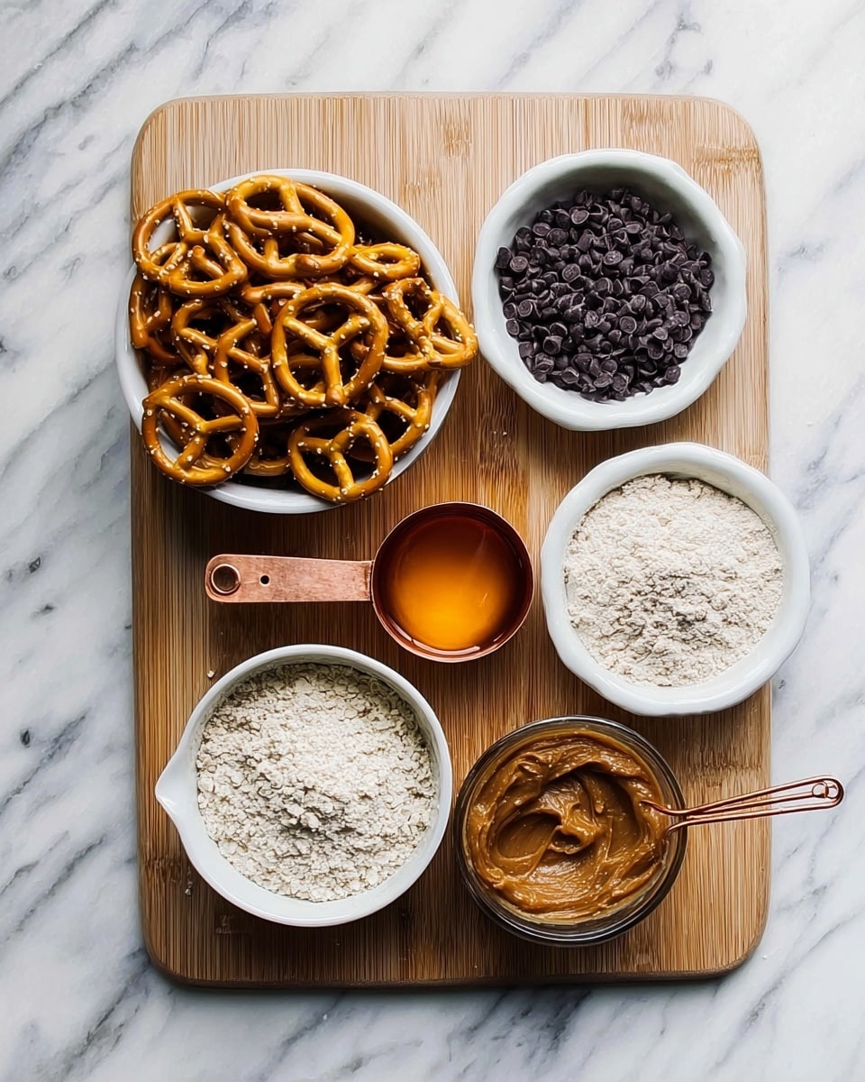 A wooden cutting board sits on a white marbled surface with five small white bowls and a metal measuring cup arranged neatly on it. The top left bowl is filled with golden brown pretzels, showing their crunchy and twisted shapes. To the right, another bowl holds dark chocolate chips with a smooth, rounded texture. Below that, a metal measuring cup contains creamy, light brown almond butter with a thick and slightly uneven surface. At the bottom center, a bowl is full of pale, powdery almond flour, looking soft and fine. The small bowl on the left holds a small amount of golden honey, which looks smooth and shiny. Photo taken with an iphone --ar 4:5 --v 7