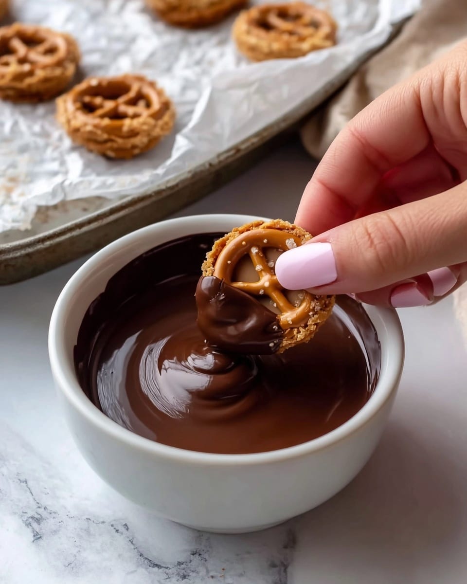 A white bowl filled with smooth, dark melted chocolate sits on a white marbled surface. A woman's hand with light pink nails is holding a small, round cookie with a light brown, patterned top that is half dipped into the chocolate. In the background, there are two more of the same cookies stacked on a metal tray with white crumpled paper beneath them. The texture of the cookies shows a crunchy surface with visible patterns. photo taken with an iphone --ar 4:5 --v 7
