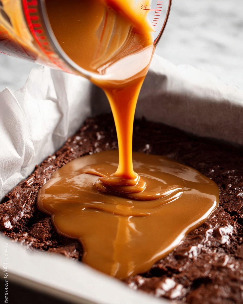 A close-up image shows a thick, smooth caramel sauce being poured from a glass measuring cup onto a dark brown, textured brownie layer inside a baking pan lined with white parchment paper. The caramel is glossy and rich, spreading evenly over the rough surface of the brownie below. The background features a white marbled texture. photo taken with an iphone --ar 4:5 --v 7