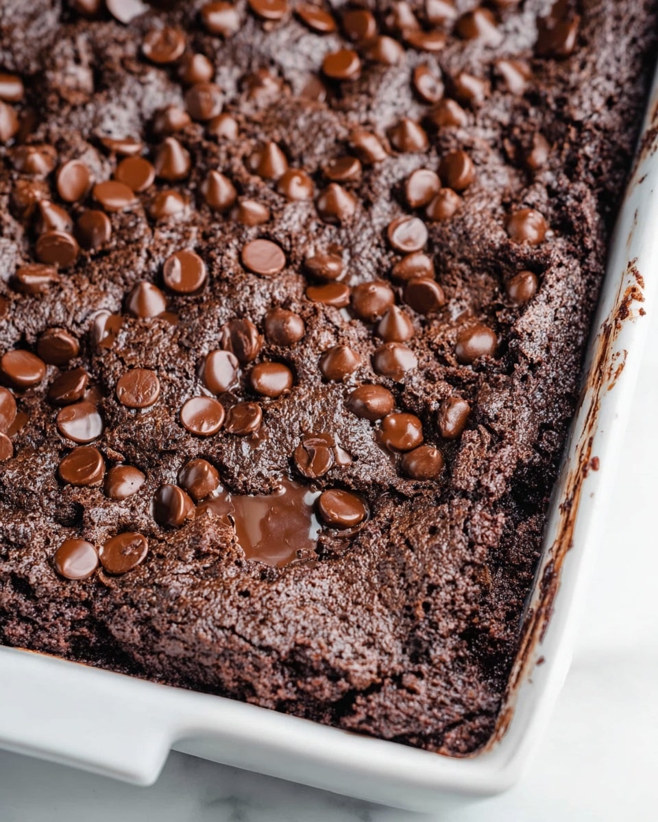 The image shows a close-up view of a thick, baked chocolate brownie in a white rectangular dish. The brownie is dark brown with a textured top that has cracks and crevices. It is covered with many melted and slightly glossy chocolate chips scattered evenly across the surface, some of which are partially melted and blending into the brownie, adding a shiny, smooth layer on top. The edges of the brownie are slightly raised and crinkled, showing a dense and rich consistency. The dish rests on a white marbled surface with a few smudges of chocolate batter on the edges of the dish. photo taken with an iphone --ar 4:5 --v 7