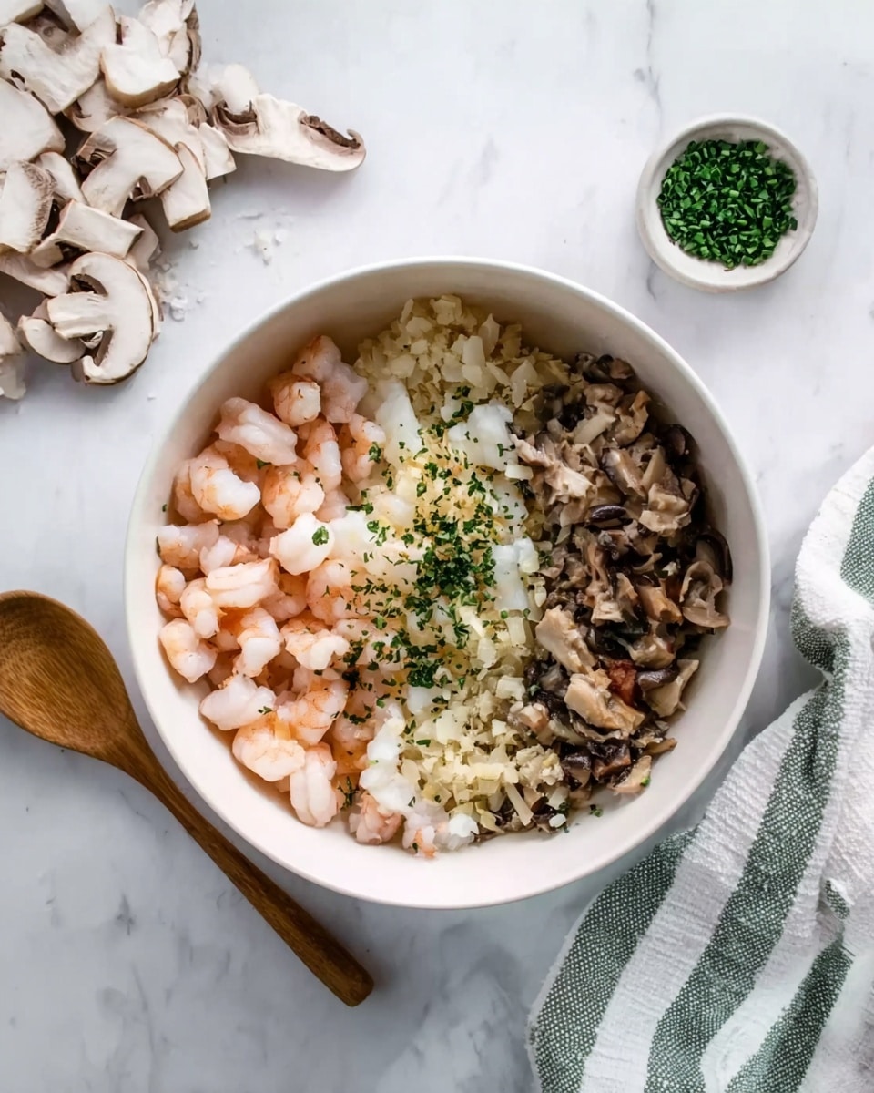 A white bowl sits on a white marbled surface, filled with three main layers arranged in sections: small light pink shrimp on the right, white fish pieces on the left, and a mix of finely chopped brown mushrooms with a bit of white onion at the bottom. The toppings include a sprinkling of chopped green herbs scattered on top. A wooden spoon rests nearby on the left, and some mushroom slices lie beside it. On the right side, a woman's hand is reaching toward the bowl. A white and green striped cloth is placed on the right side of the frame. Photo taken with an iphone --ar 4:5 --v 7