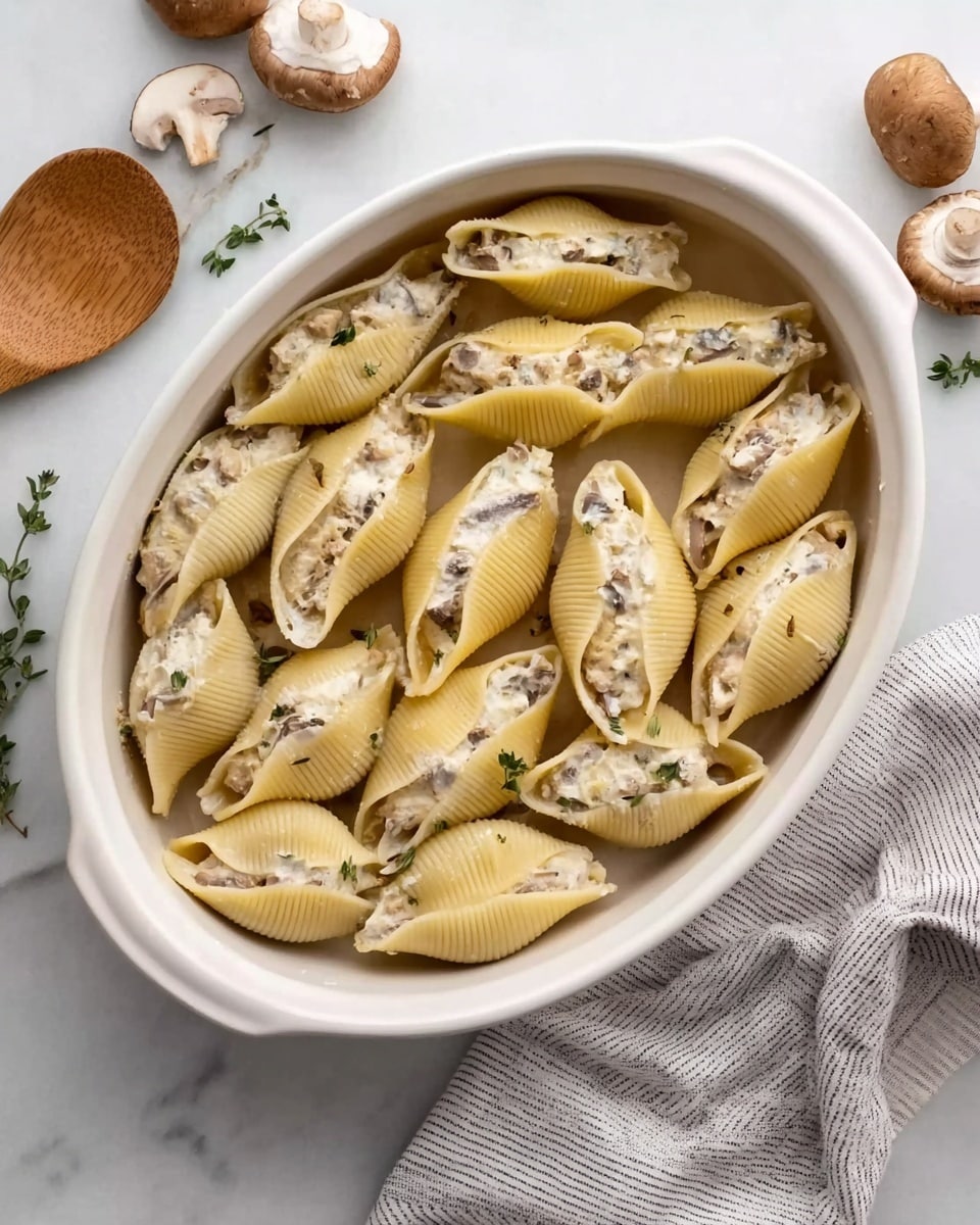 The image shows a white oval dish filled with large pasta shells neatly arranged in three layers. Each shell is stuffed with a creamy mixture that is light beige with small bits of mushroom visible inside. The shells have a smooth, slightly ridged texture and are pale yellow in color. The dish sits on a white marbled surface, and nearby there is a wooden spoon, a small cluster of fresh mushrooms, and a light gray cloth with thin dark stripes. Small green herb leaves are scattered lightly around the dish. Photo taken with an iphone --ar 4:5 --v 7